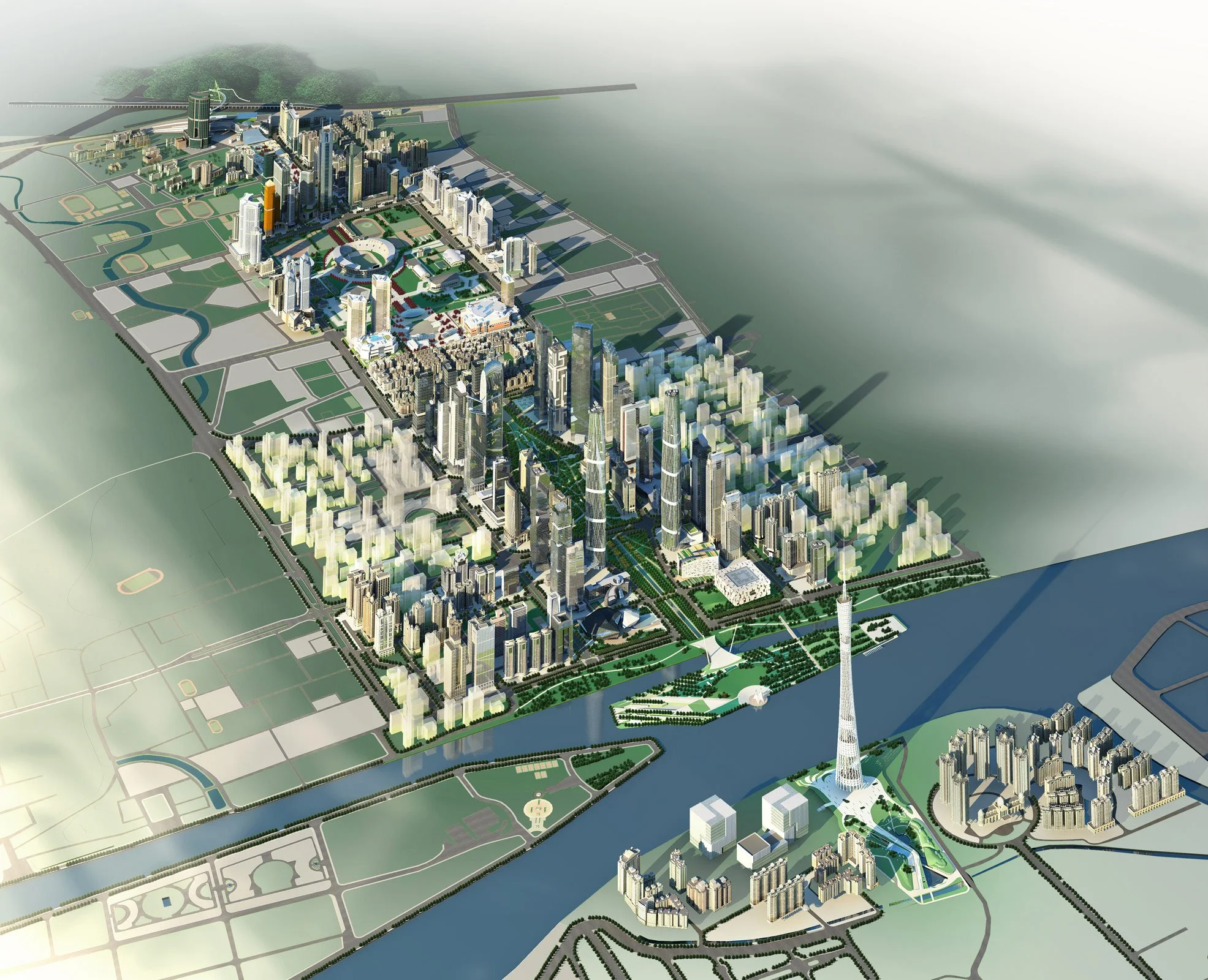 A digital rendering of a large modern city with tall skyscrapers, bridges over water, parks, and urban development.