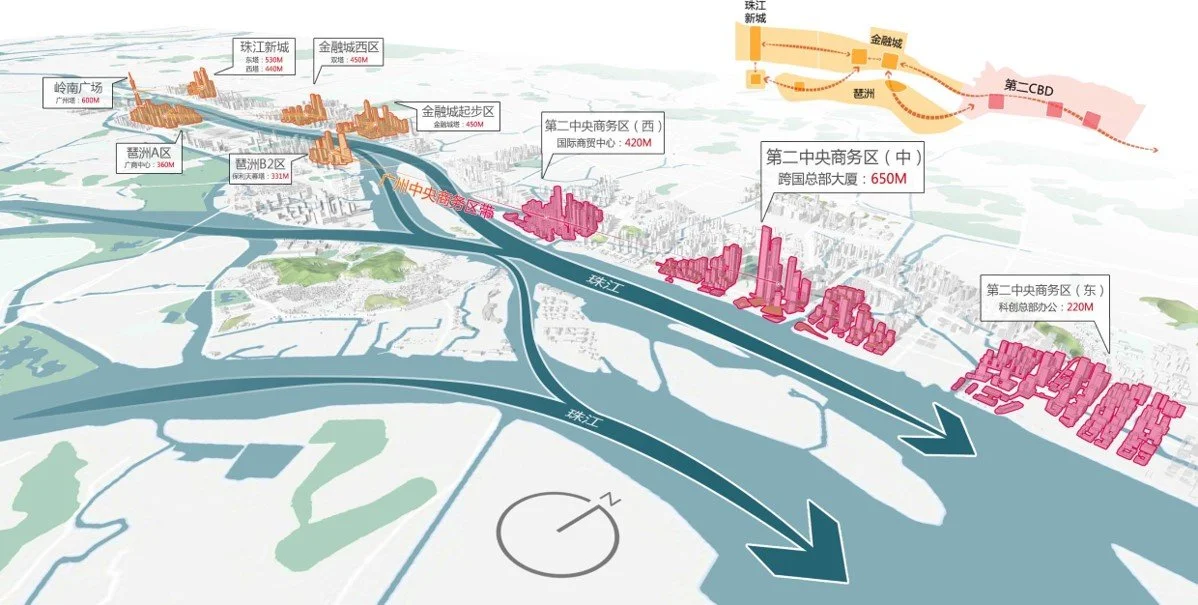 A detailed map showing a cityscape with various highlighted commercial and residential areas, high-rise buildings, roads, and a river labeled '珠江'. The map includes distance markers and labels in Chinese, indicating different districts and points of 