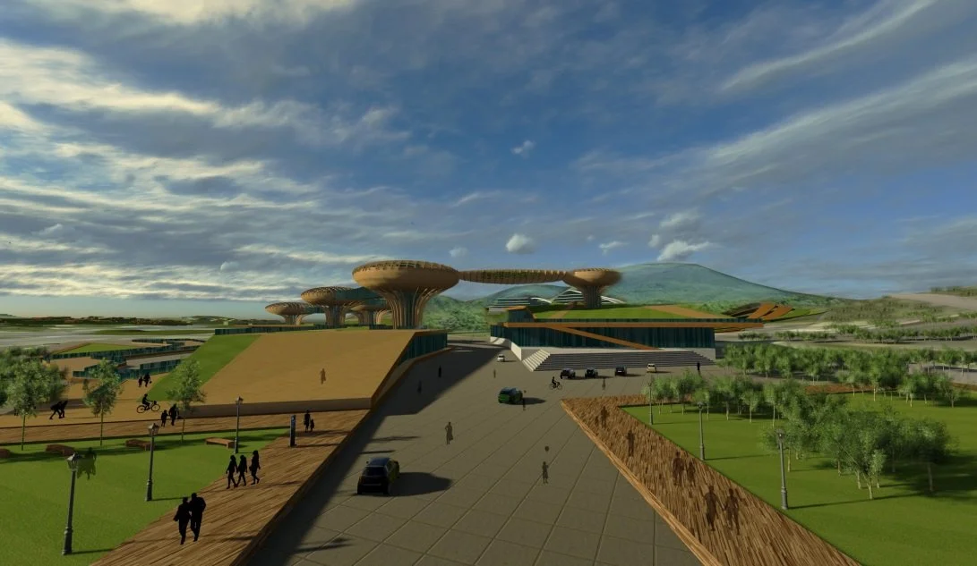 A digital rendering of a futuristic park with elevated walkways, modern structures, green lawns, trees, and people walking and biking under a partly cloudy sky.