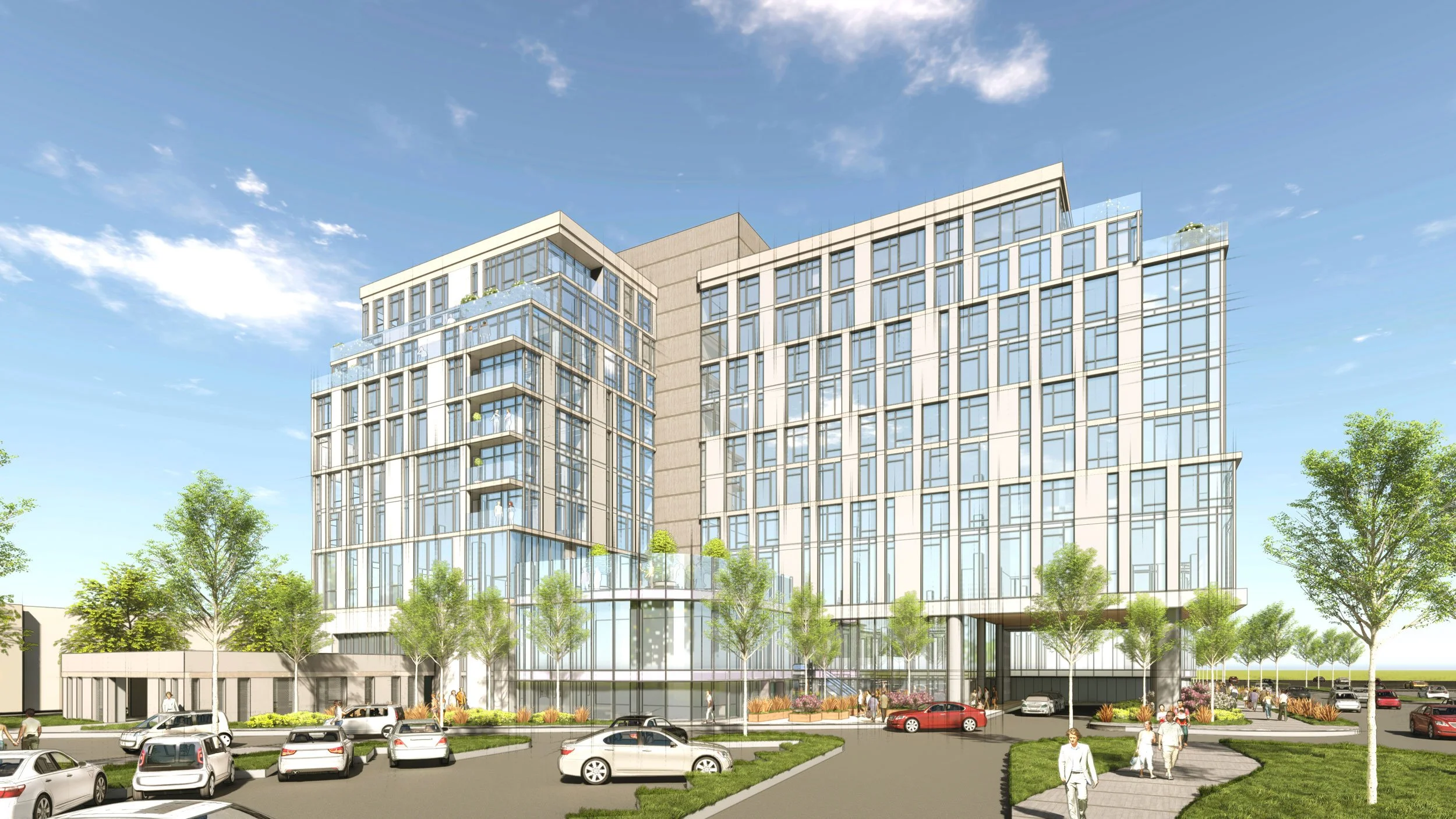 Modern multi-story office building with glass facade, surrounded by trees, parked cars, and people walking on sidewalks under a blue sky.