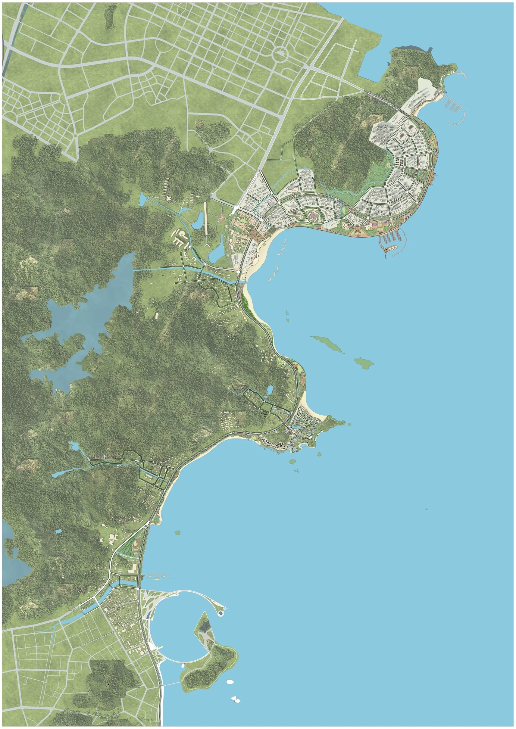 A detailed map of a coastal city showing roads, parks, residential areas, and bodies of water, including lakes, rivers, and the shoreline along the ocean.