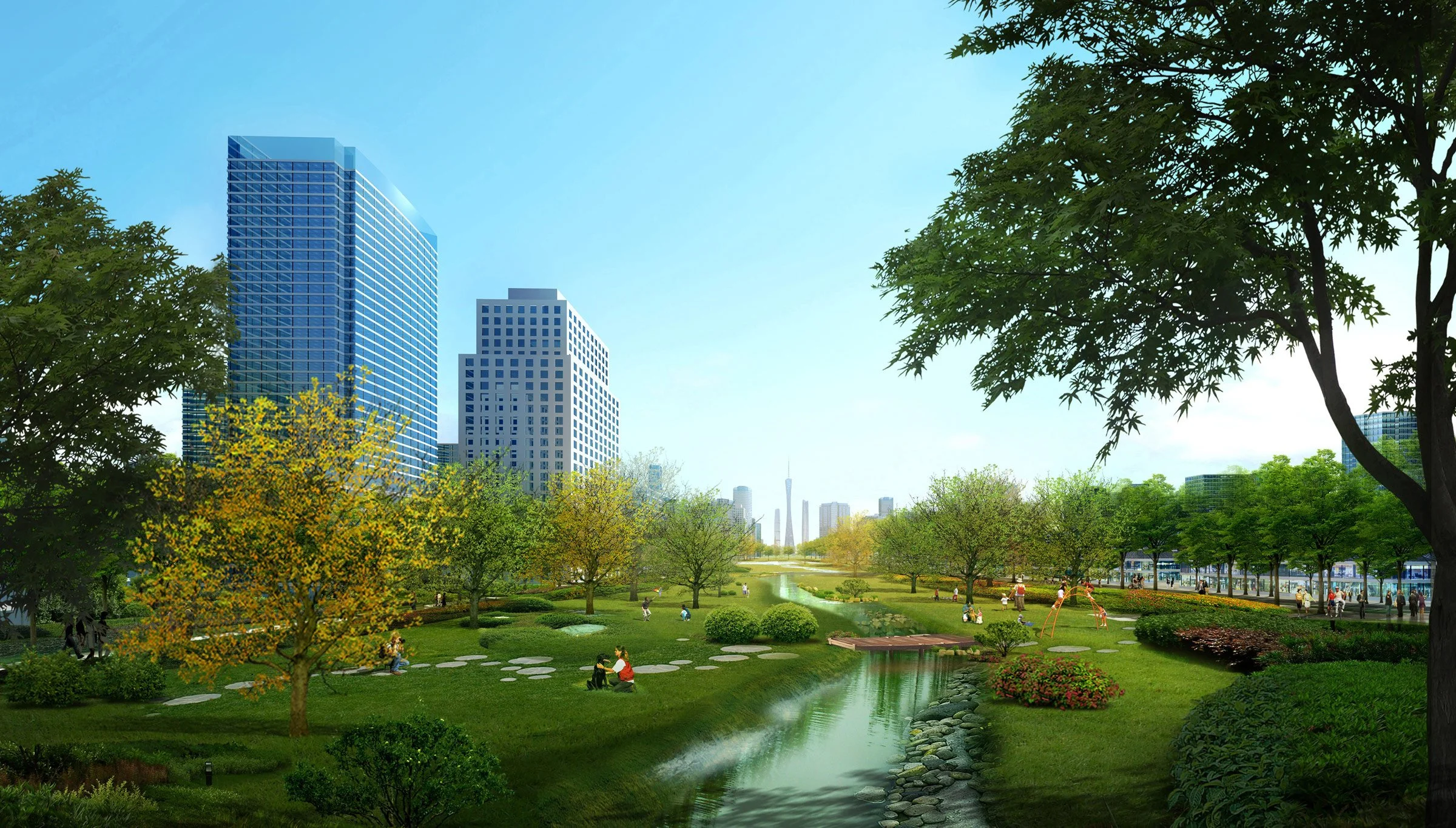 A city park with green trees, a small stream, and people sitting and walking on the grass, with tall modern skyscrapers in the background.