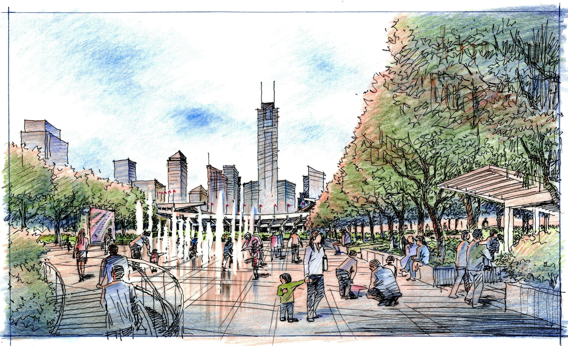 Watercolor sketch of Millennium Park in Chicago with skyline, trees, people walking, relaxing, and children playing in a public space.