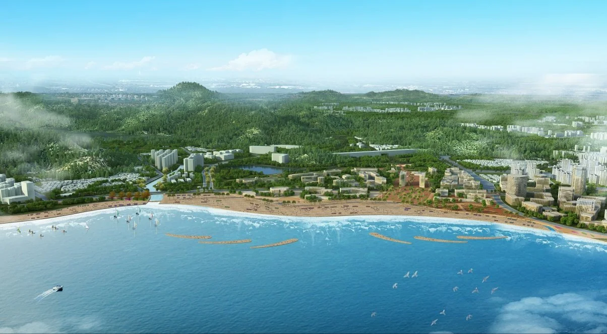 A digital rendering of a coastal city with a beach, water sports, and green hills in the background.