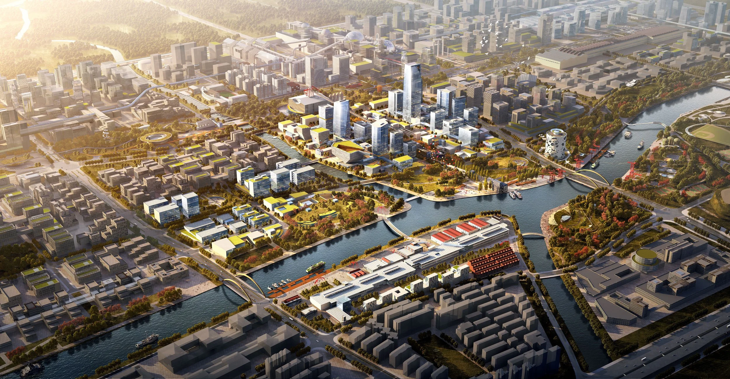 Aerial view of a modern city with high-rise buildings, bridges over water, parks with trees, and water channels running through the city, during daytime.