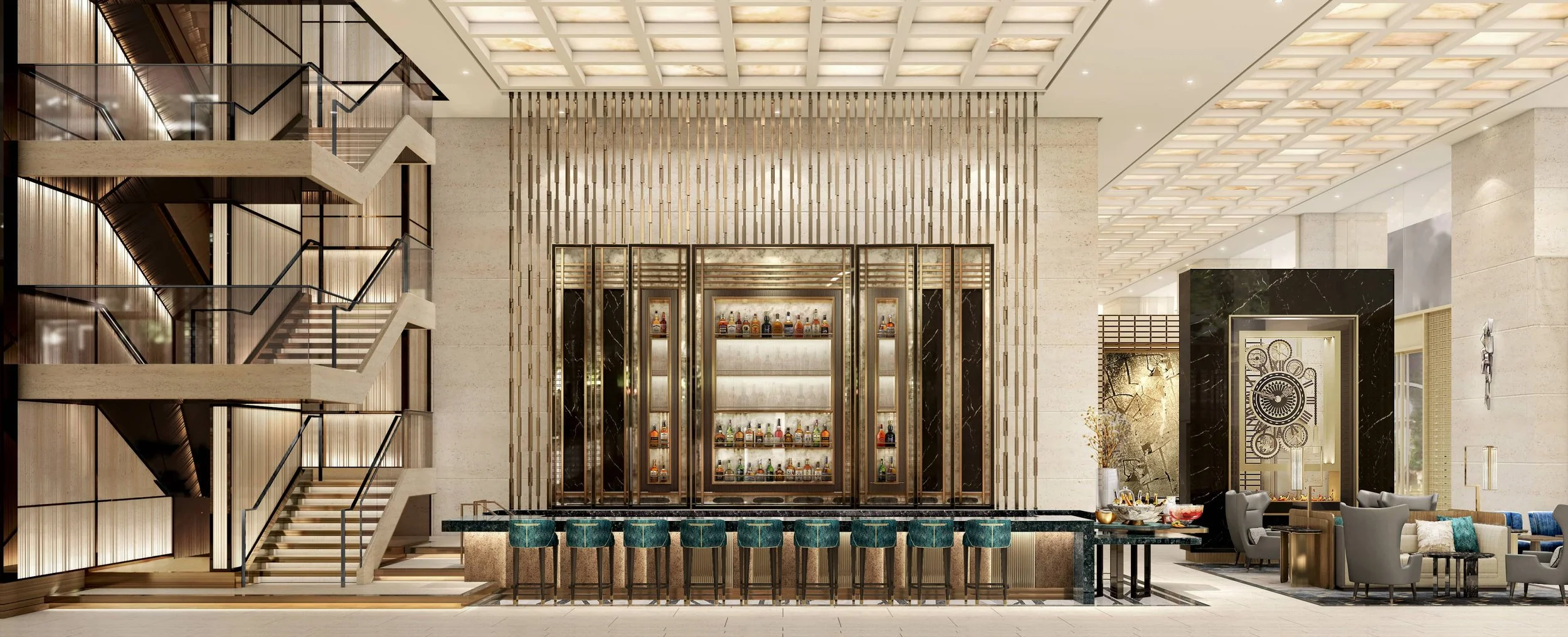 Luxury hotel lobby with a central bar, high-backed teal stools, and modern decor.
