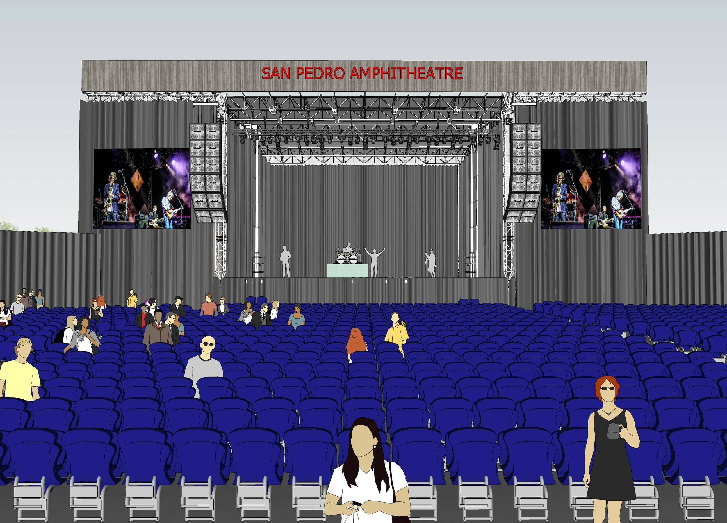 An outdoor amphitheater with a stage labeled 'San Pedro Amphitheatre', set up with large video screens on both sides displaying a live band performance. The theatre is filled with rows of blue seats, some of which are occupied by scattered audience m