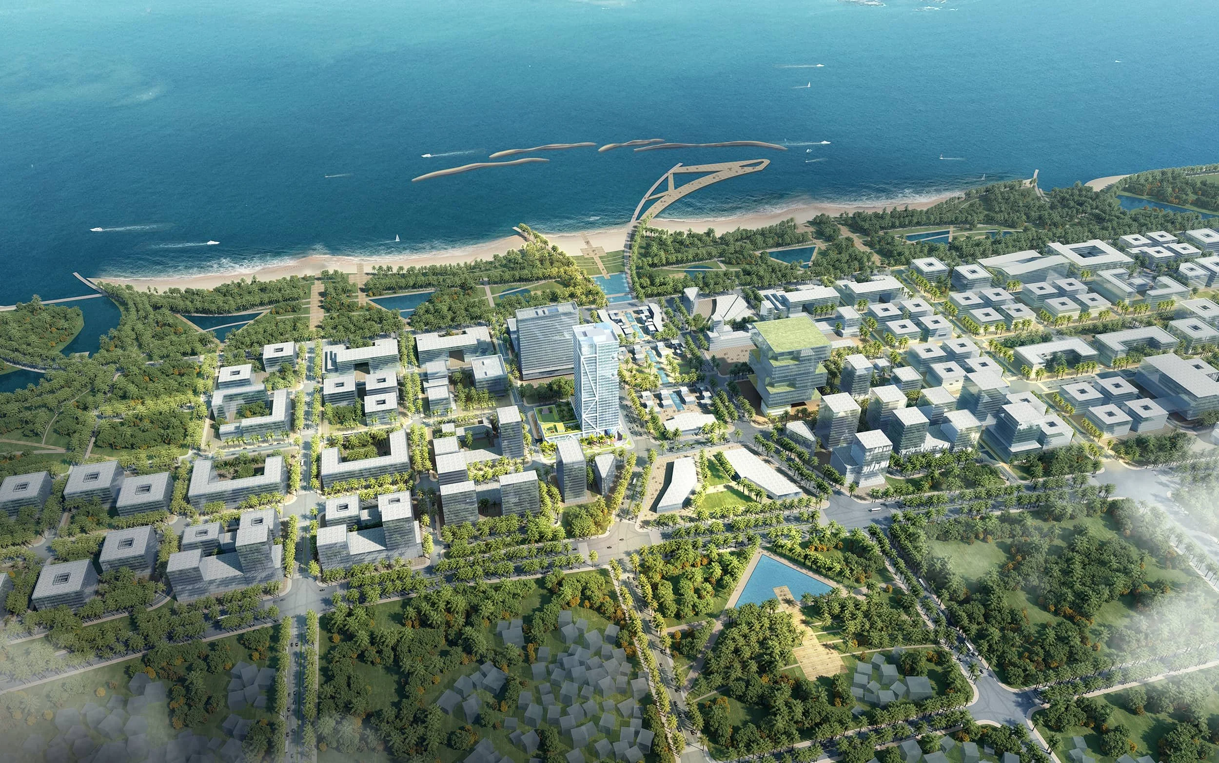 Aerial view of a modern coastal city with high-rise buildings, parks, and green spaces near the ocean with multiple boats in the water.