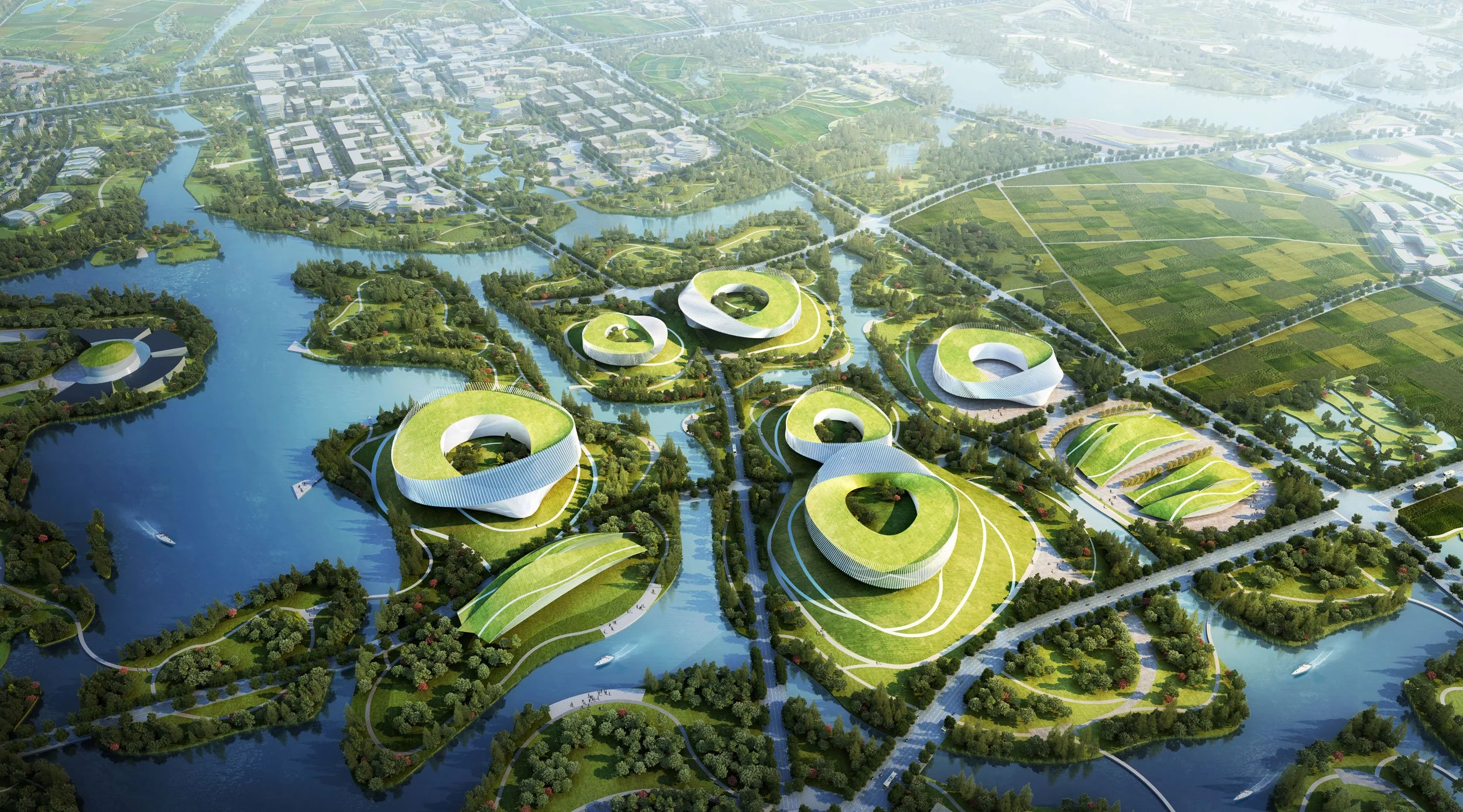 Aerial view of a modern urban park with futuristic buildings having green roofs, water bodies, walking paths, and surrounding greenery.