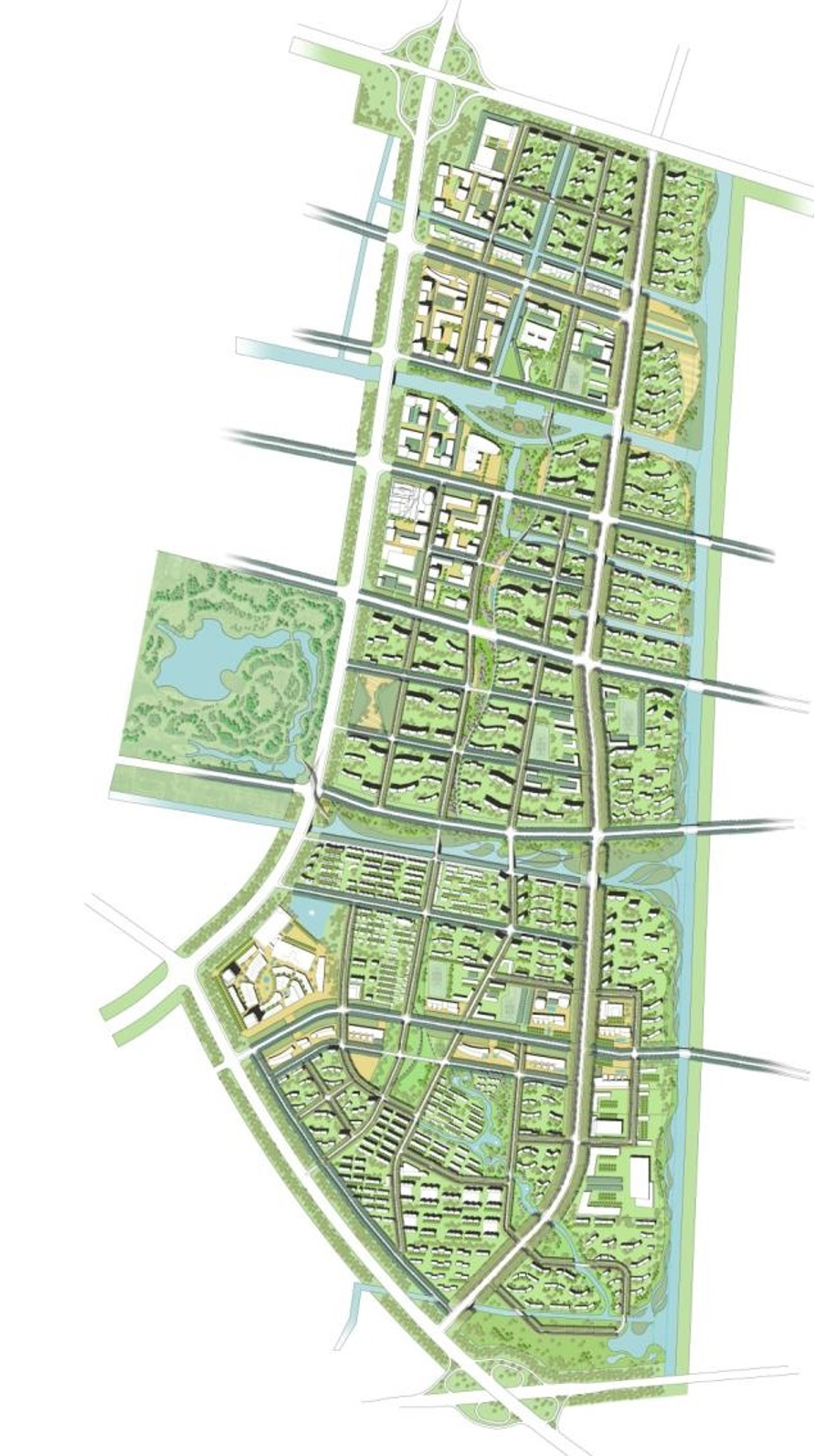 A detailed master plan of an urban development area showing roads, residential buildings, parks, water features, and other infrastructure.