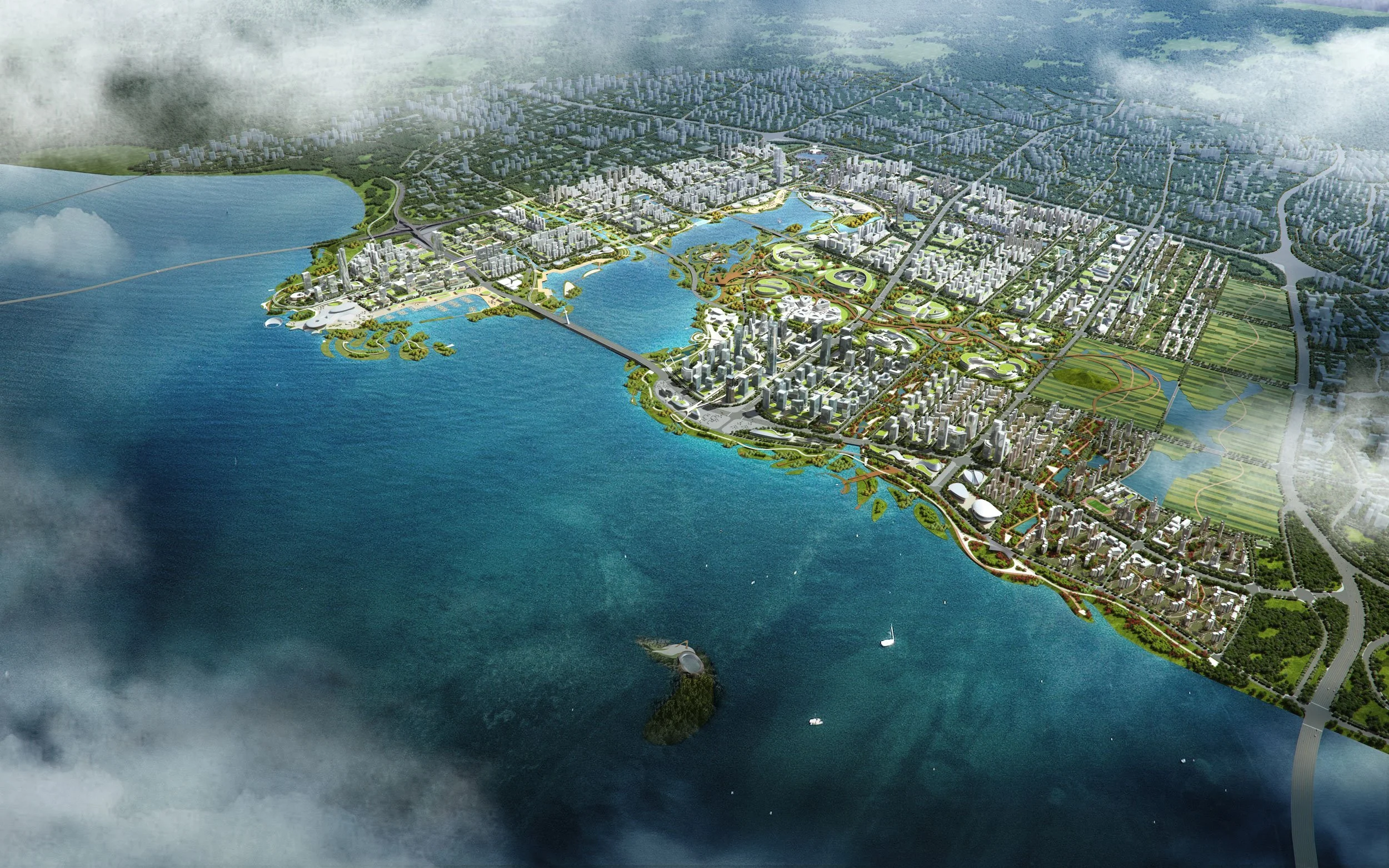 A detailed aerial rendering of a modern cityscape with skyscrapers, lakes, bridges, and green parks near a large body of water in the foreground.