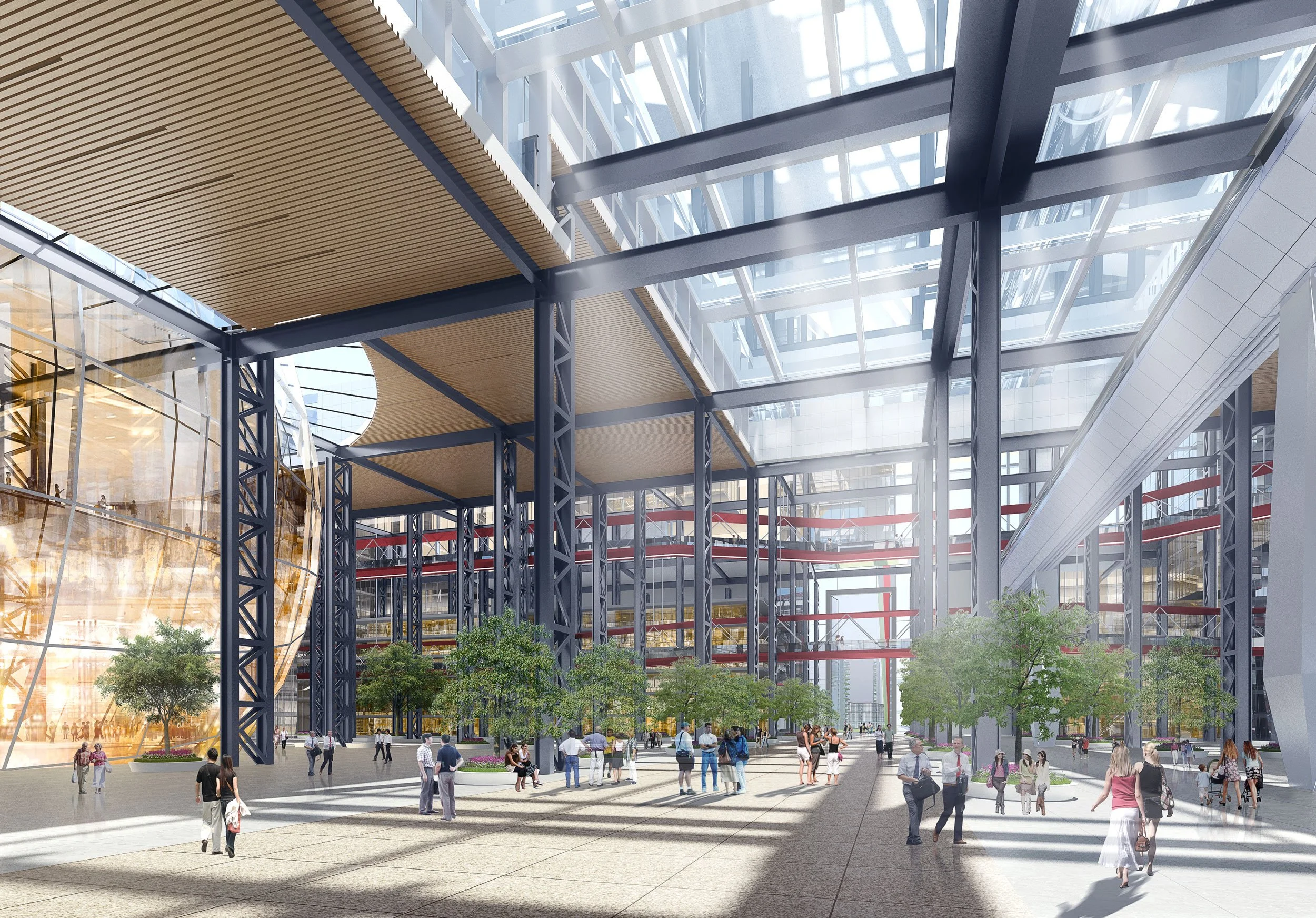 Modern indoor public space with glass walls, steel beams, and trees with people walking and sitting.