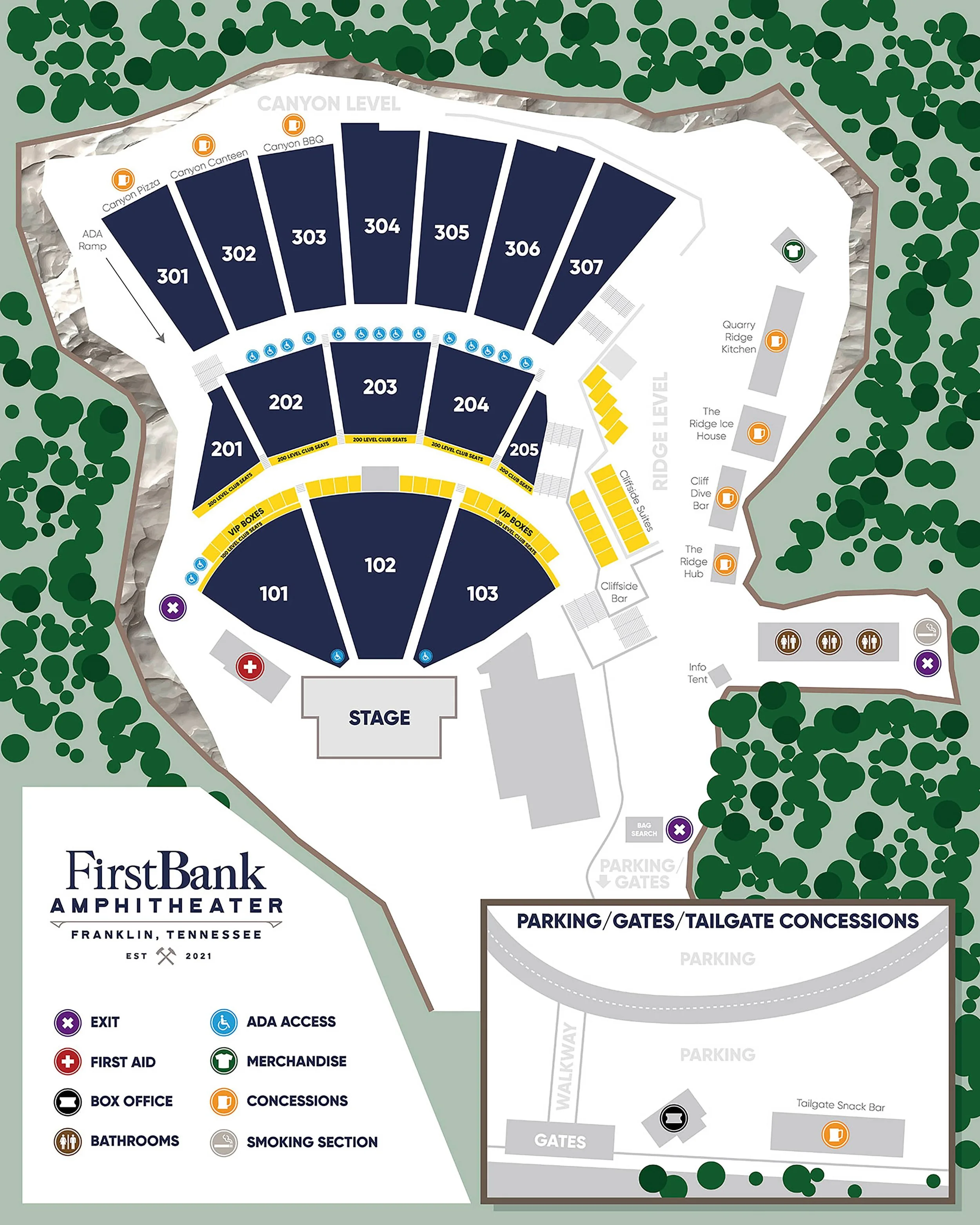 Map of FirstBank Amphitheater in Franklin, Tennessee, showing seating sections, stages, amenities, concessions, merchandise, bathrooms, and entrances.