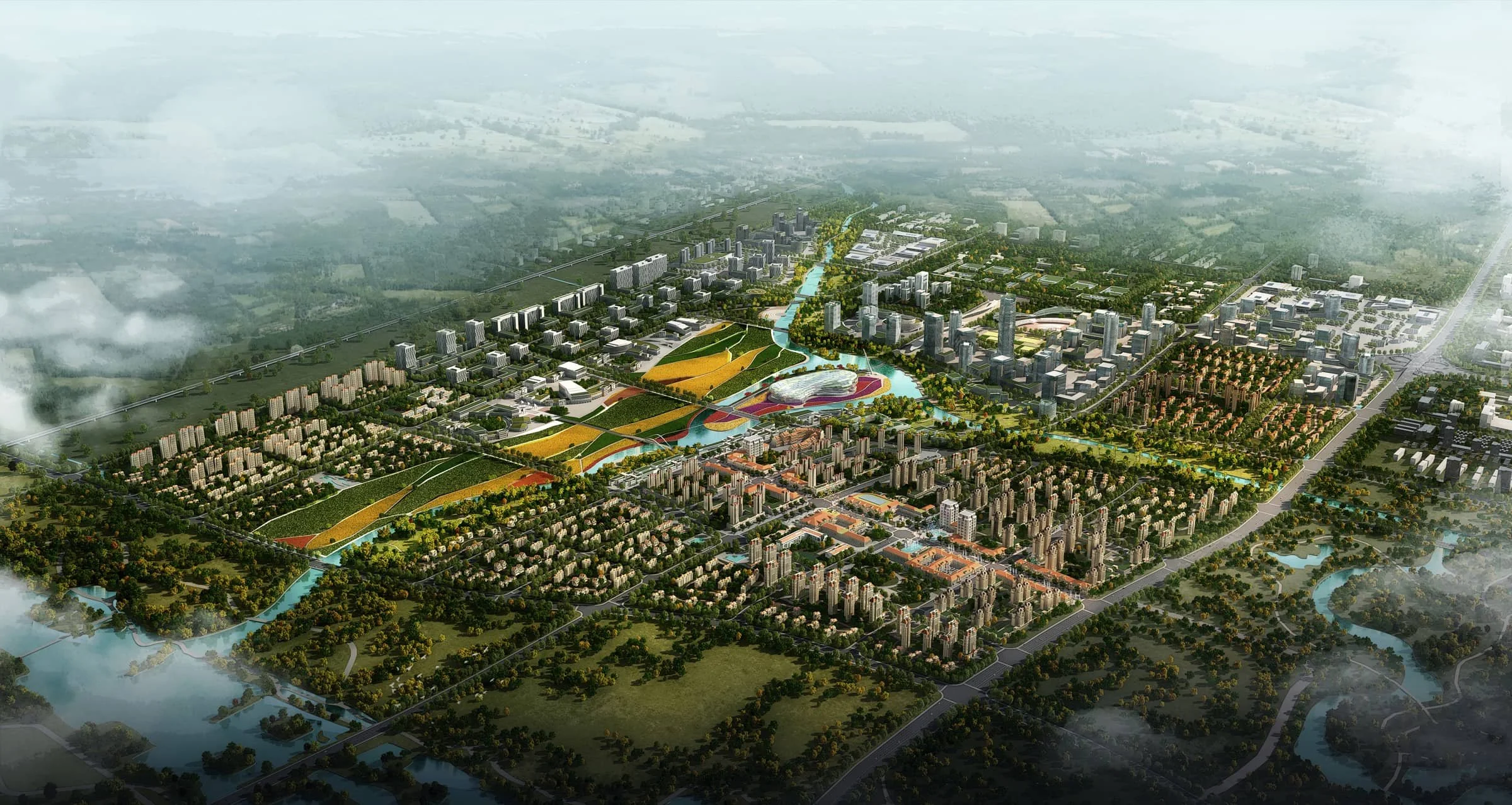 A detailed aerial view of a modern cityscape with numerous high-rise buildings, green parks, winding rivers, and roadways, exemplifying urban planning and development.