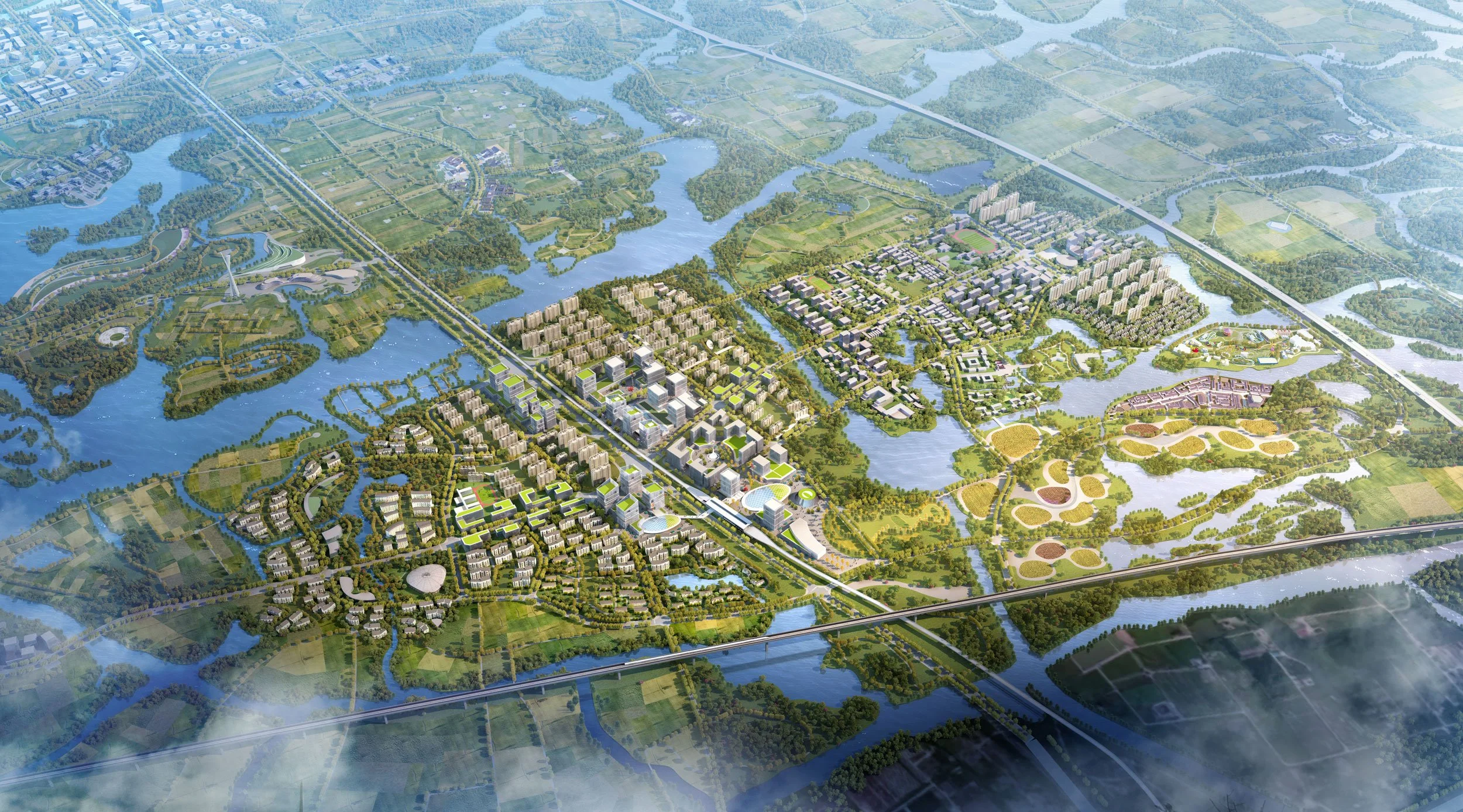 A detailed aerial view of a planned urban development with residential, commercial, and recreational areas, including lakes, parks, and roads.