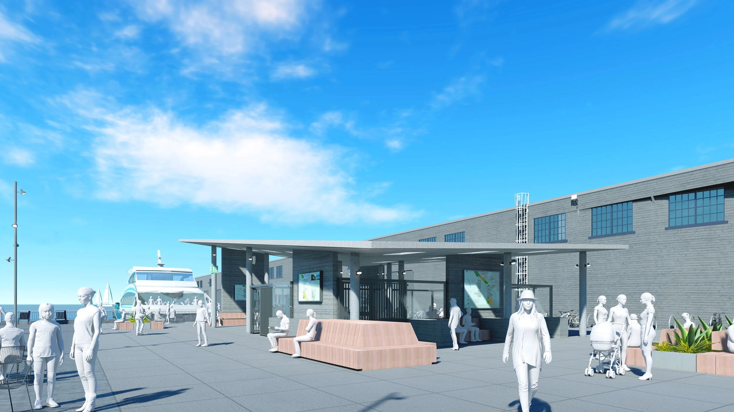Rendering of an outdoor waterfront area with people, benches, a building, a boat, and a clear blue sky with clouds.