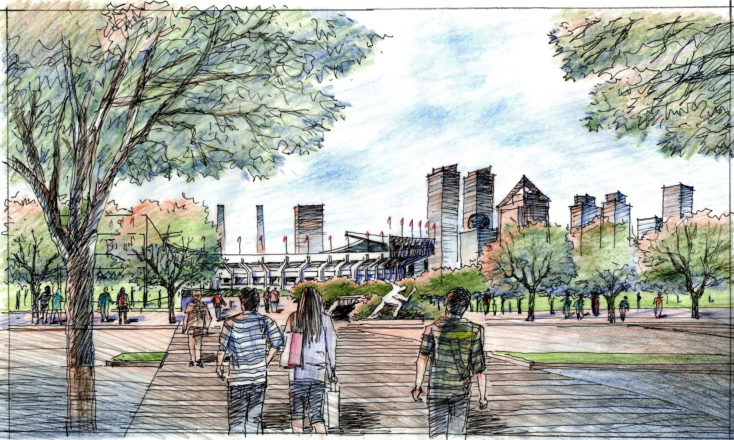 A watercolor sketch of a park scene with people walking, trees with green leaves, and a city skyline with tall buildings in the background.