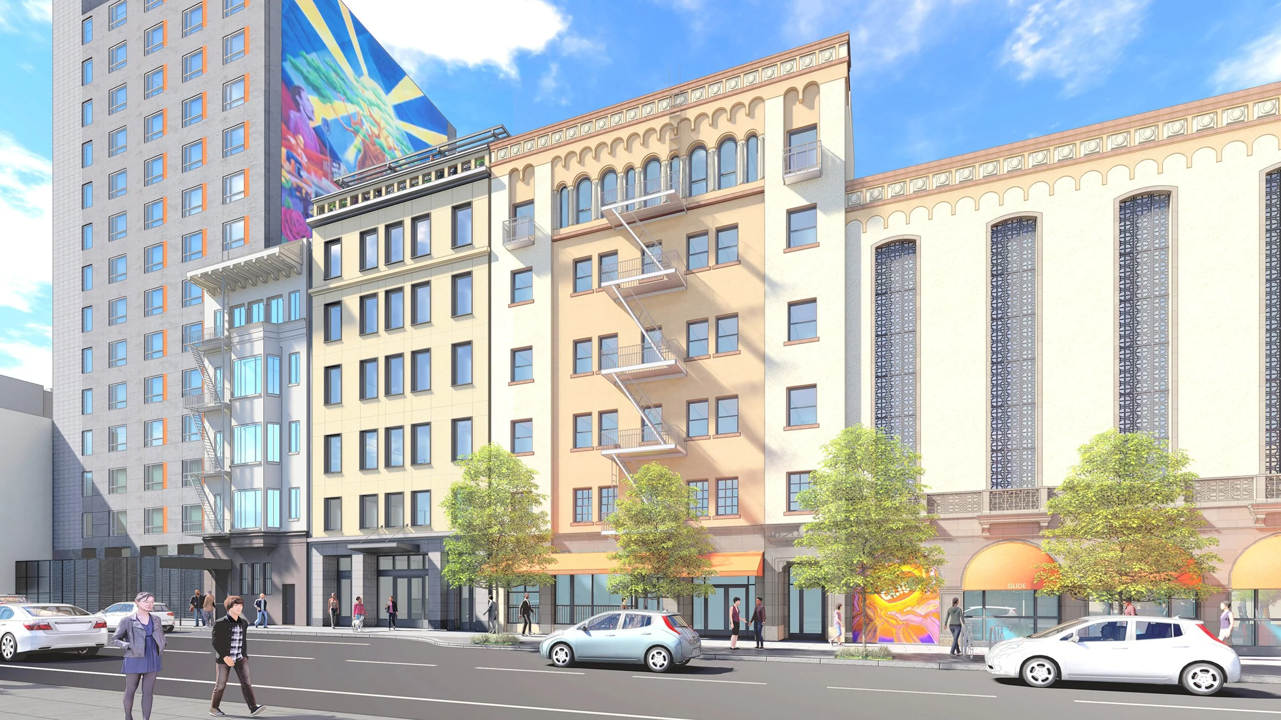 Urban street scene with mid-rise and high-rise buildings, people walking on sidewalk, parked cars, and colorful murals on building walls, under a blue sky with clouds.