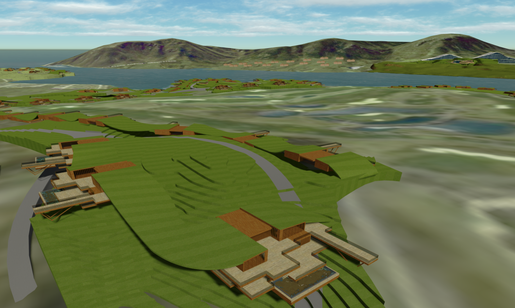 A digital rendering of a modern lakeside community with green landscapes, brown residential buildings, and surrounding hills and water.