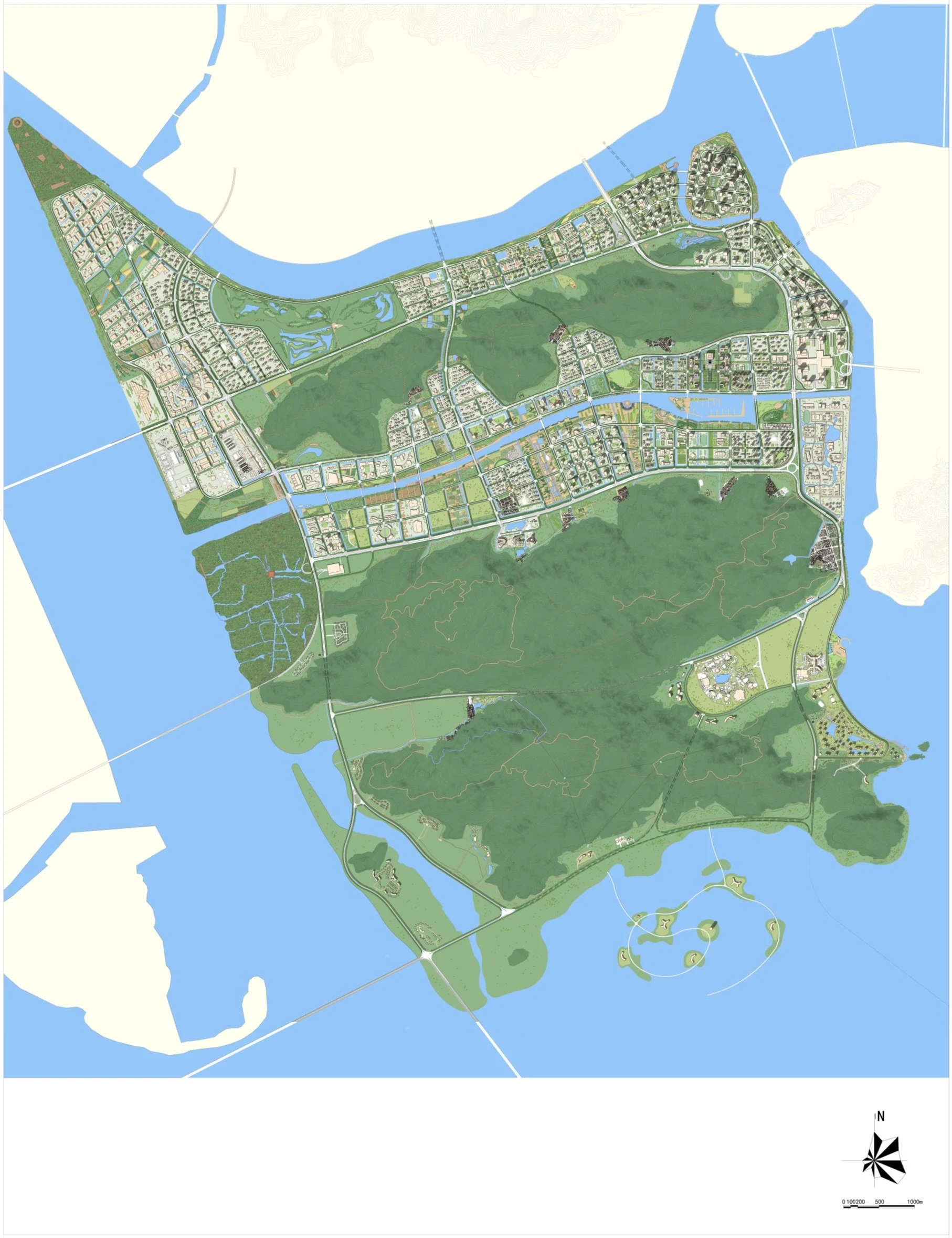 Map of a large city or park area with green spaces, water bodies, roads, and residential neighborhoods.