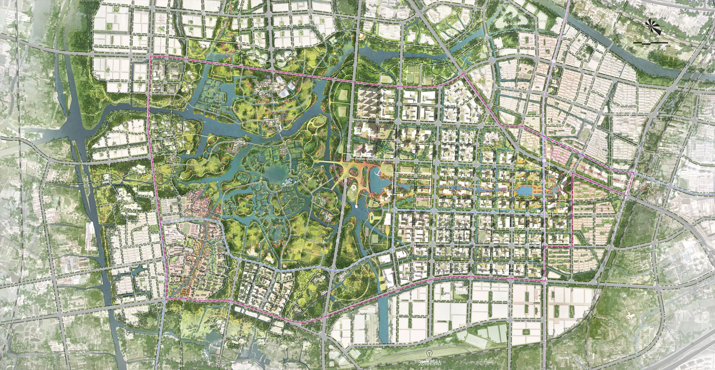 A detailed city plan with parks, water bodies, and grid-like streets.