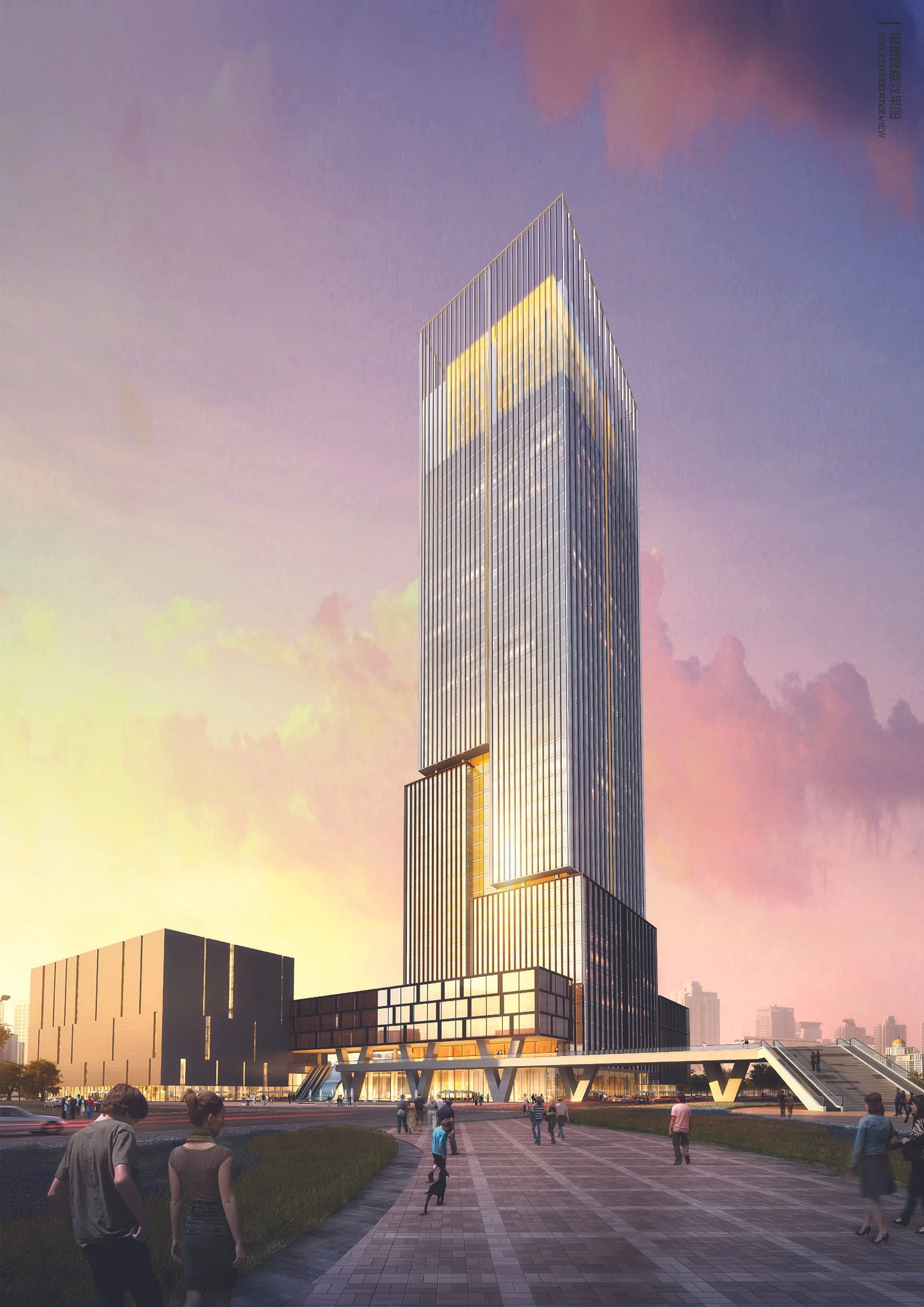 A modern glass skyscraper with a rectangular and tiered design, set against a colorful sunset sky, with people walking on a paved area in the foreground.