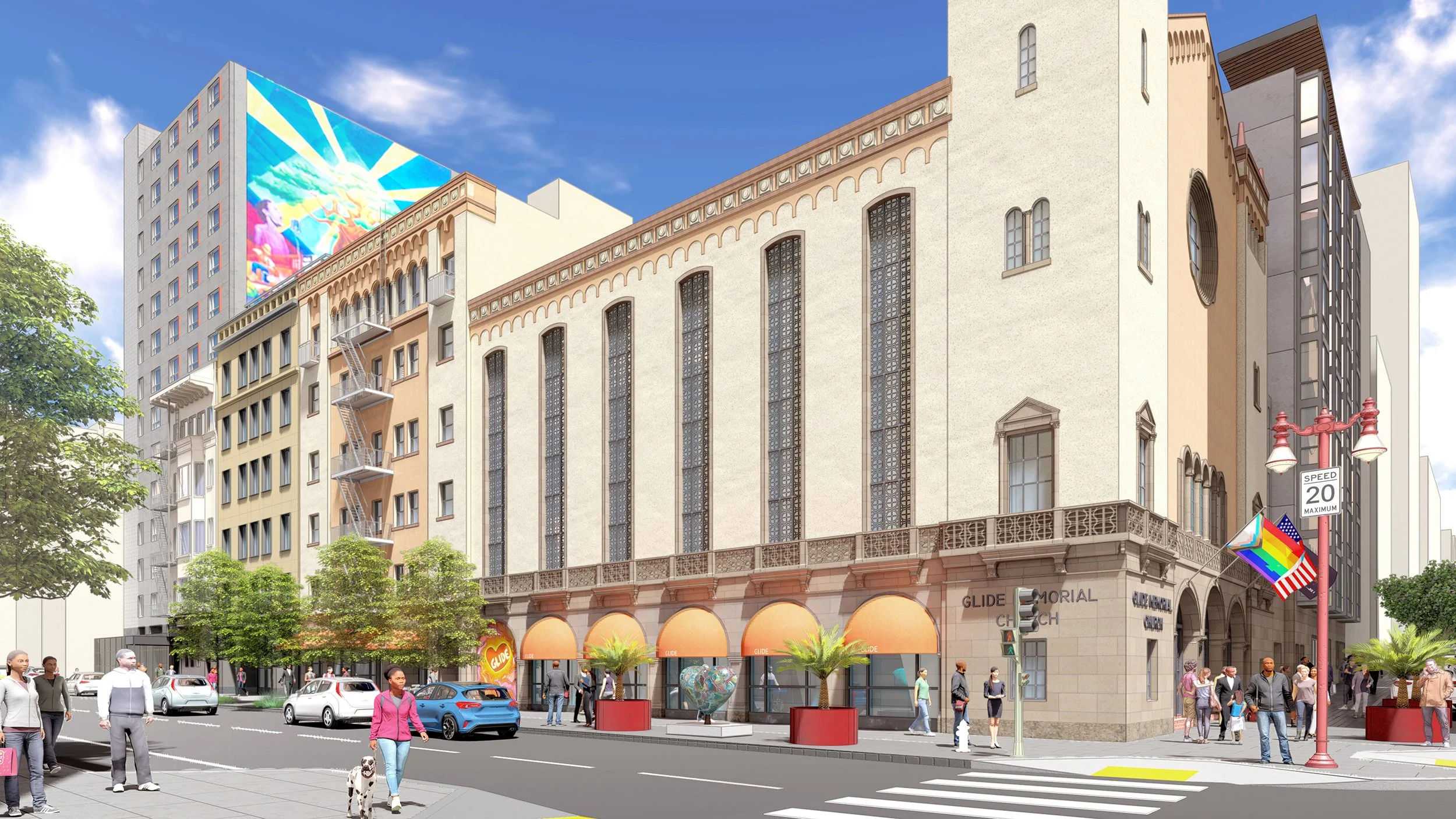 Street scene featuring a historic church building with arched windows, a modern high-rise building with a colorful mural in the background, and people walking on the sidewalk.
