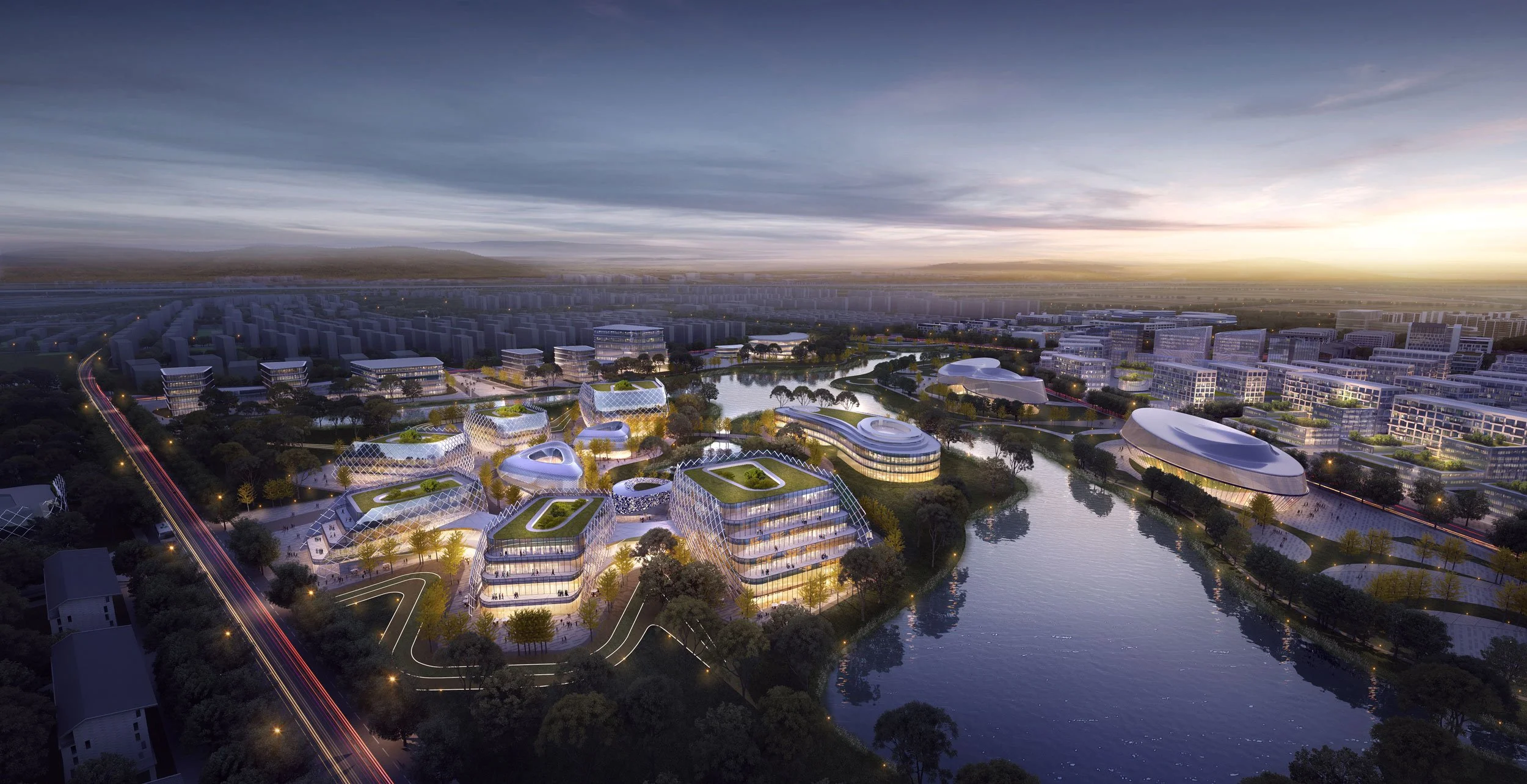 Aerial view of a futuristic cityscape at sunset with modern buildings, water features, and lush greenery.