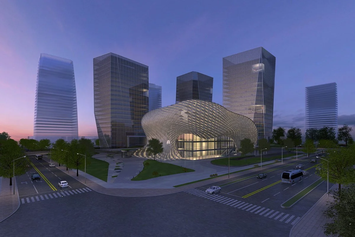 A modern cityscape at dusk featuring a futuristic building with a rounded, lattice-like structure and tall glass skyscrapers in the background. The area includes streets, cars, and trees.