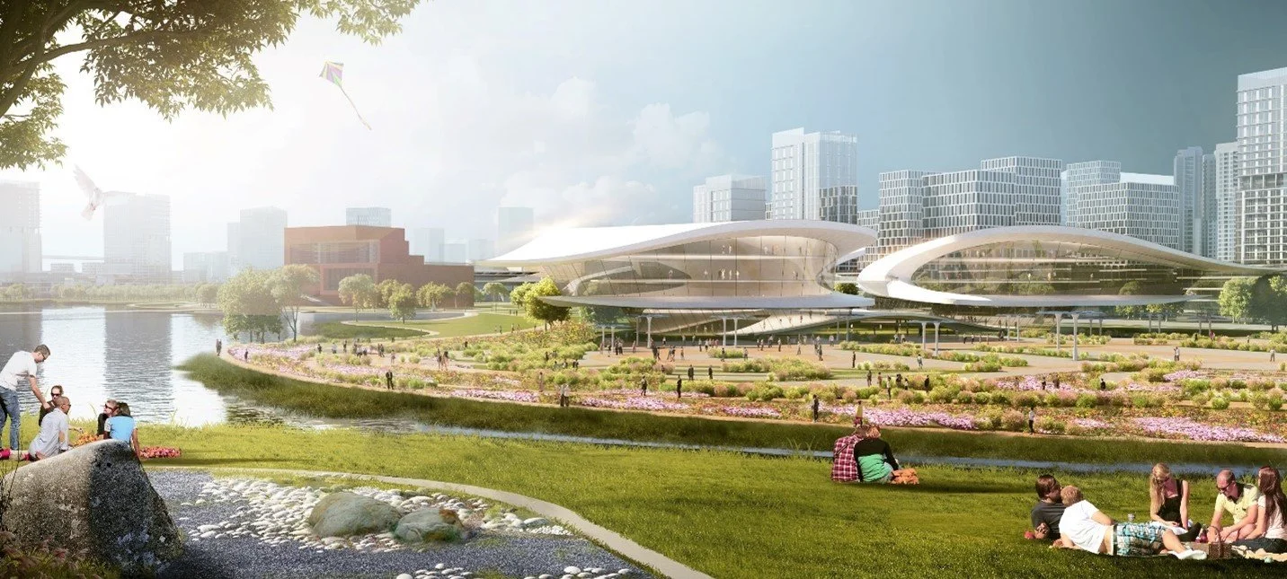 A park with people sitting and walking near water, with modern city buildings and futuristic architecture in the background.