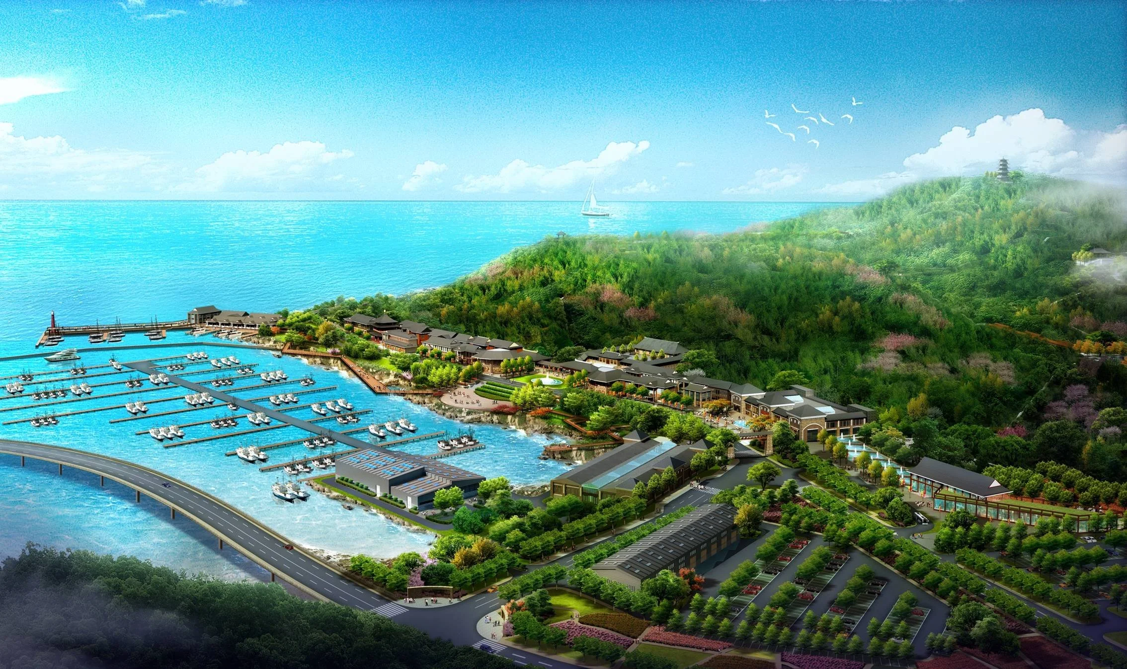 A detailed aerial view of a scenic waterfront resort with a marina, lush greenery, hilly landscape, and a distant sailboat on the ocean.
