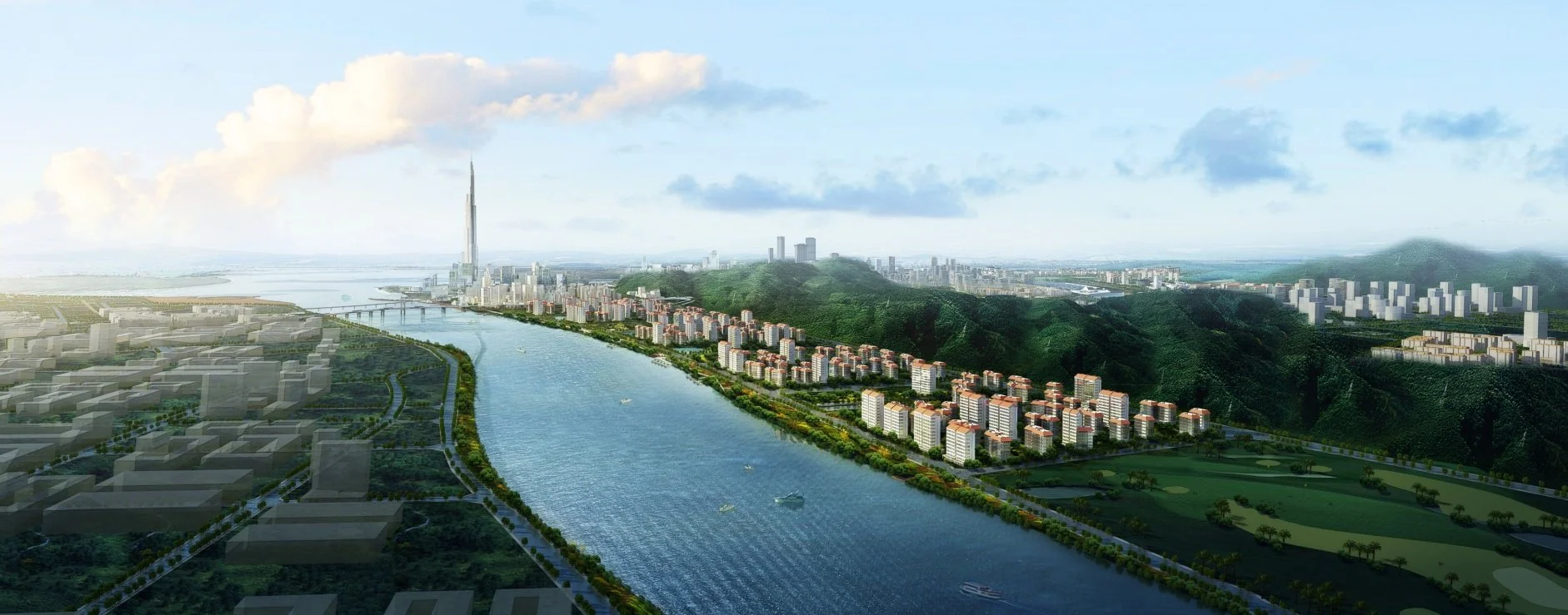 A cityscape with a river flowing through it, surrounded by green hills, modern buildings, and a prominent tall skyscraper in the distance, under a partly cloudy sky.