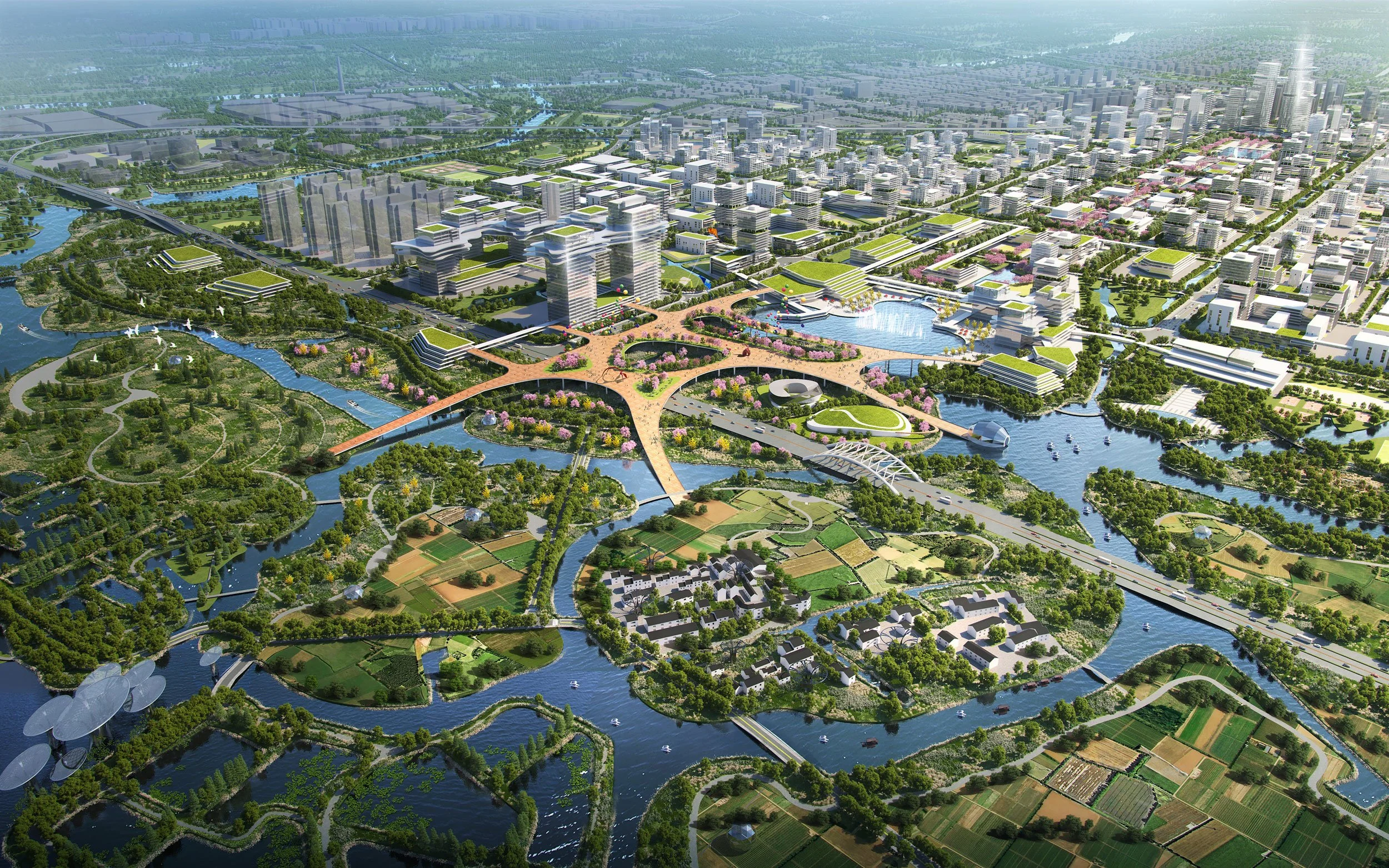 A detailed aerial view of a modern city with numerous buildings, parks, water bodies, and bridges, showcasing urban planning and green spaces.