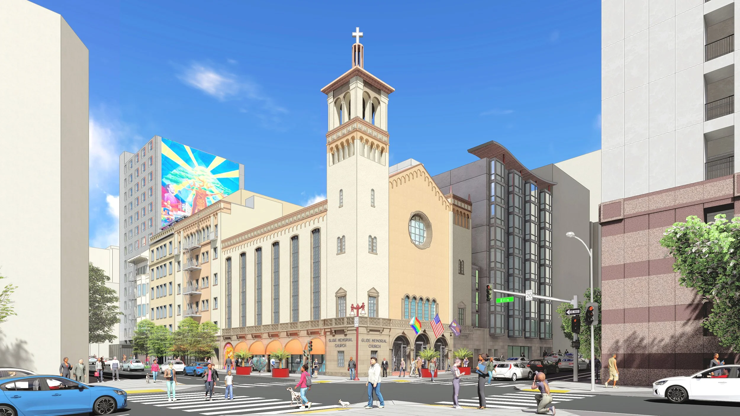 City street scene with people crossing at a crosswalk, cars parked along the street, and a church building with a tall steeple and cross on top. Modern buildings and a billboard are visible in the background under a blue sky.