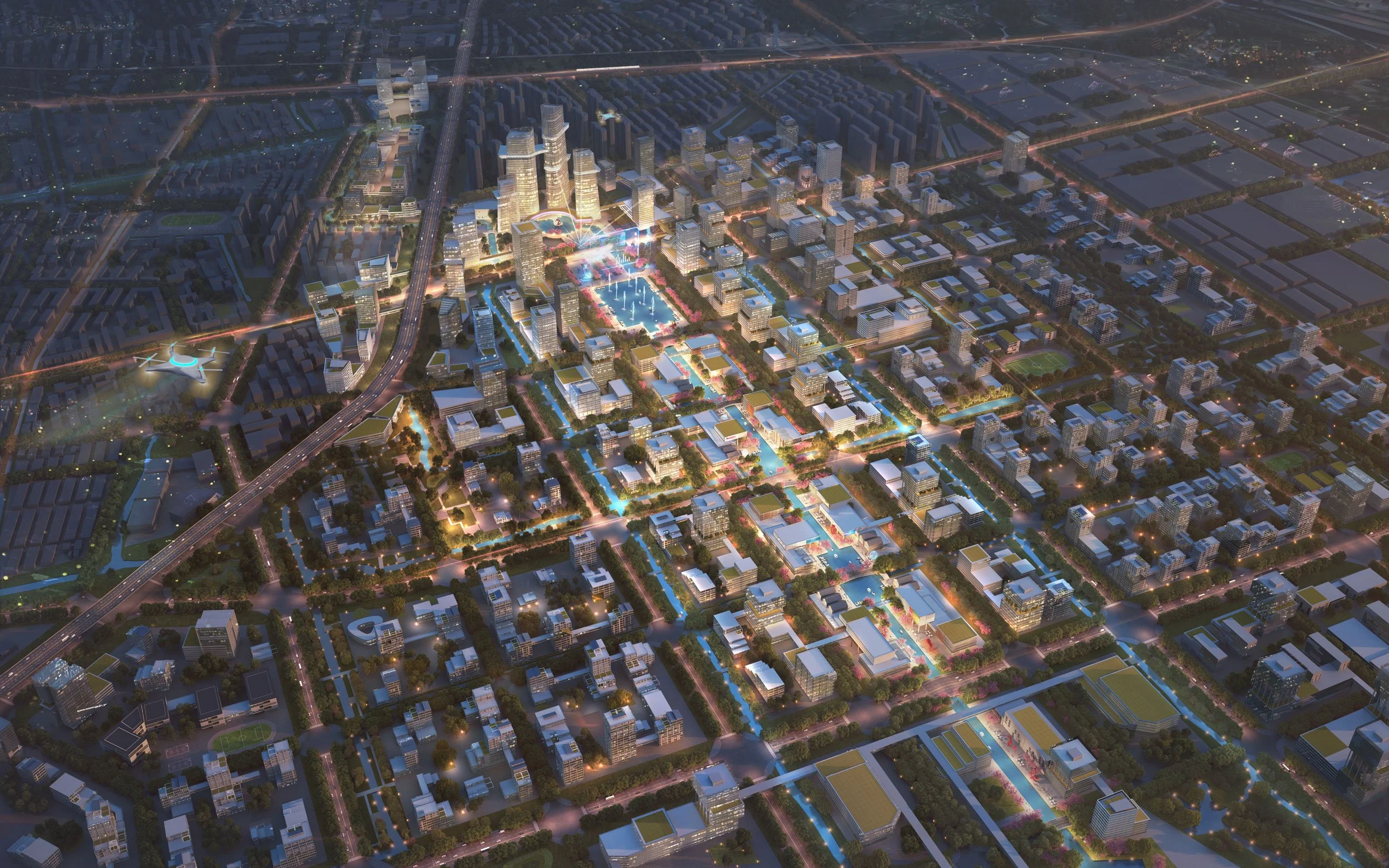 Aerial view of a futuristic cityscape at night with illuminated buildings, roads, parks, and water features.