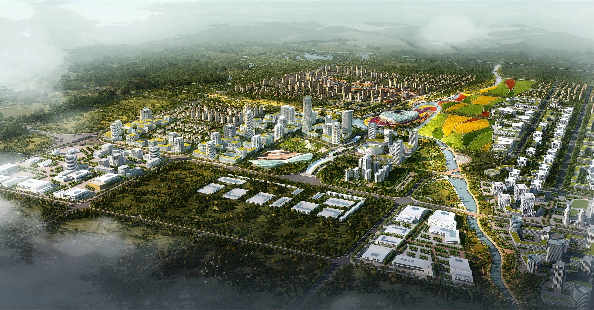 A detailed aerial rendering of a modern urban development featuring high-rise buildings, green parks, rivers, and extensive road networks.