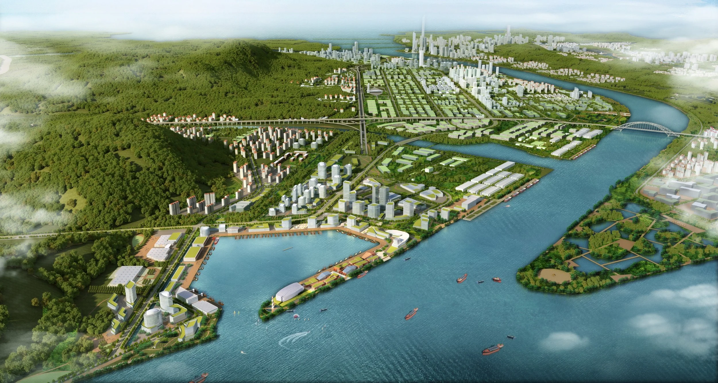 A computer-generated aerial view of an urban development project featuring a mix of high-rise and low-rise buildings, surrounded by a river with boats, green parks, and a forested hillside.