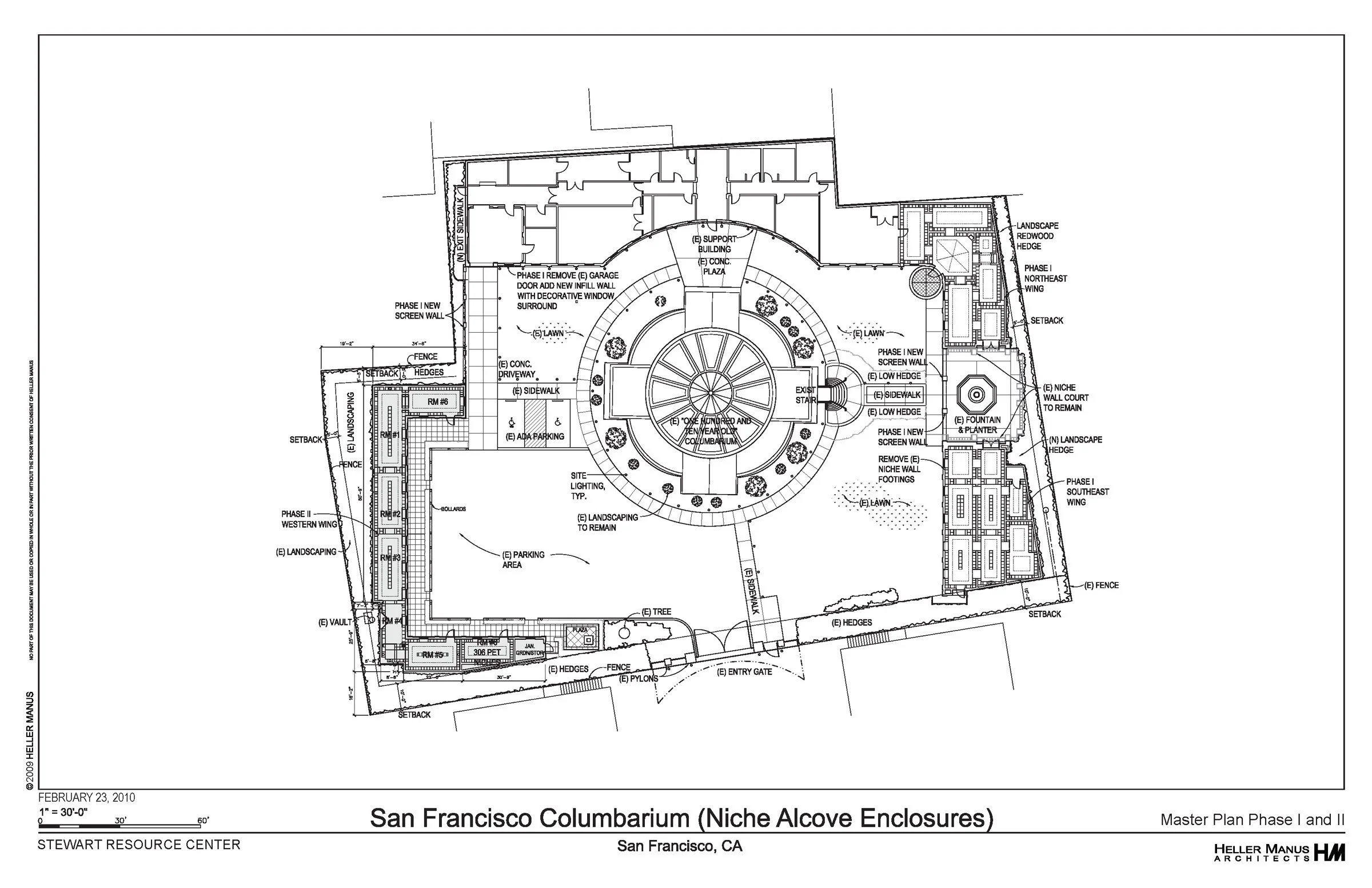 Architectural site plan of the San Francisco Columbarium, featuring a circular central nave and surrounding landscaping, pathways, parking areas, and various structural elements labeled with annotations.