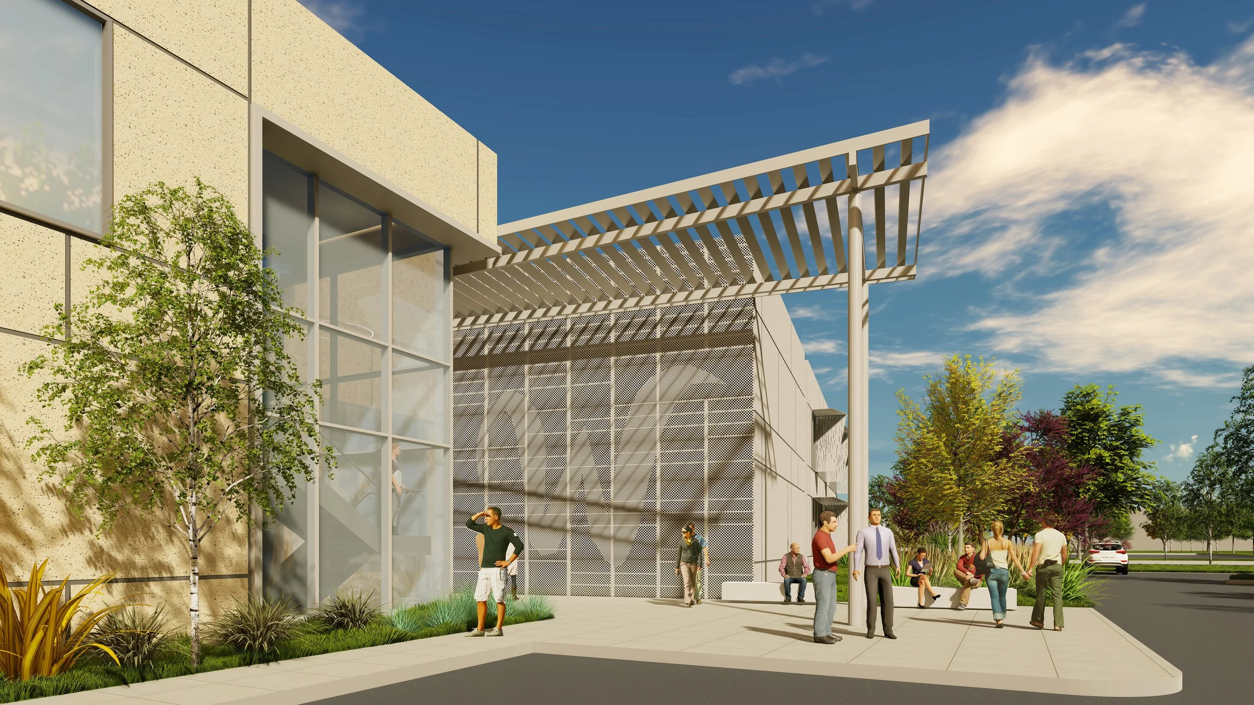 An architectural rendering of a modern building with large glass windows, metal paneling, and a landscaped outdoor area with trees and bushes. People are walking, sitting, and talking outside under a partly cloudy sky.