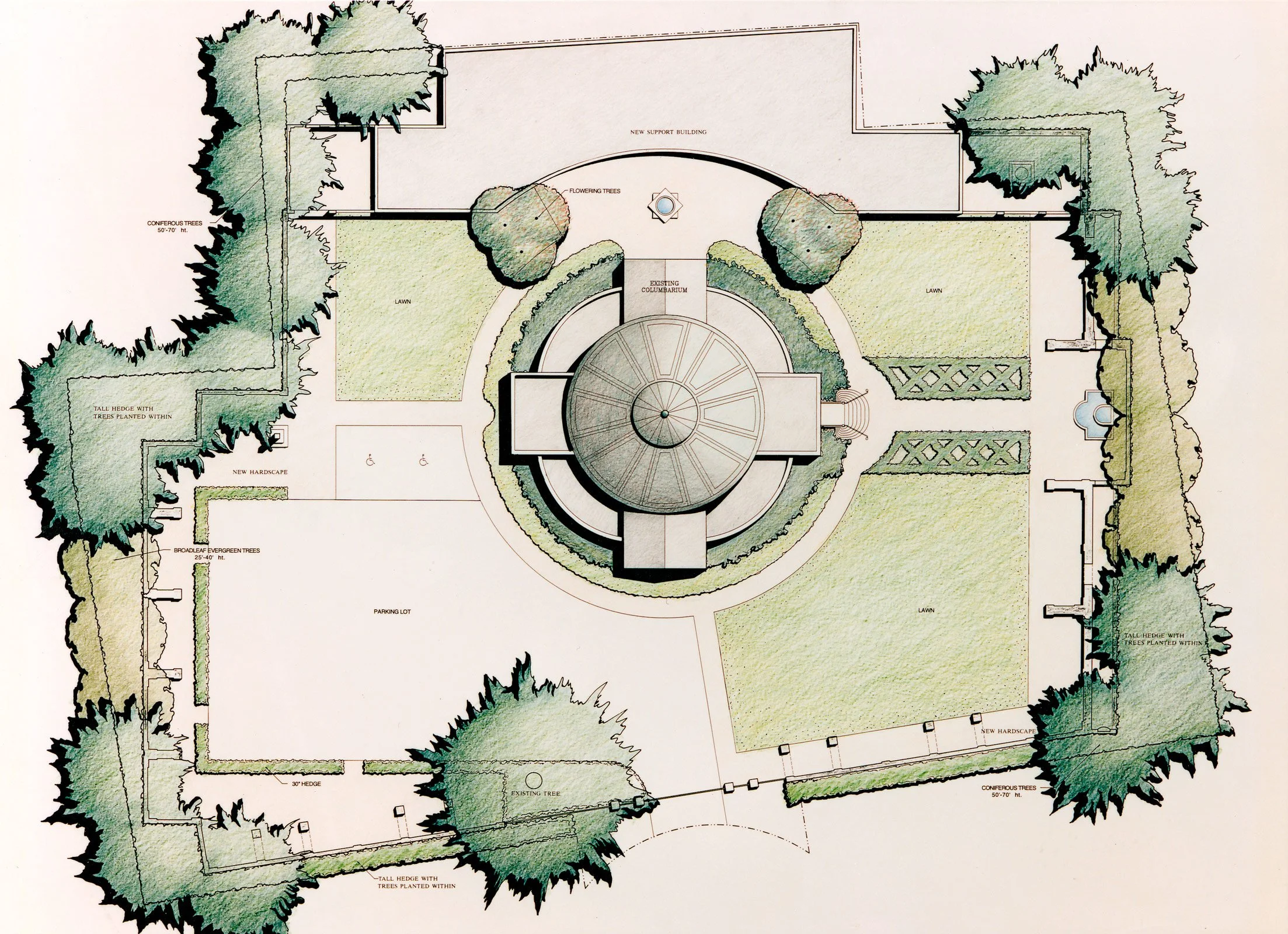 A landscape plan showing a central circular building surrounded by lawns, trees, and pathways, including areas for parking, a new support building, flowering trees, and a hardscape area.