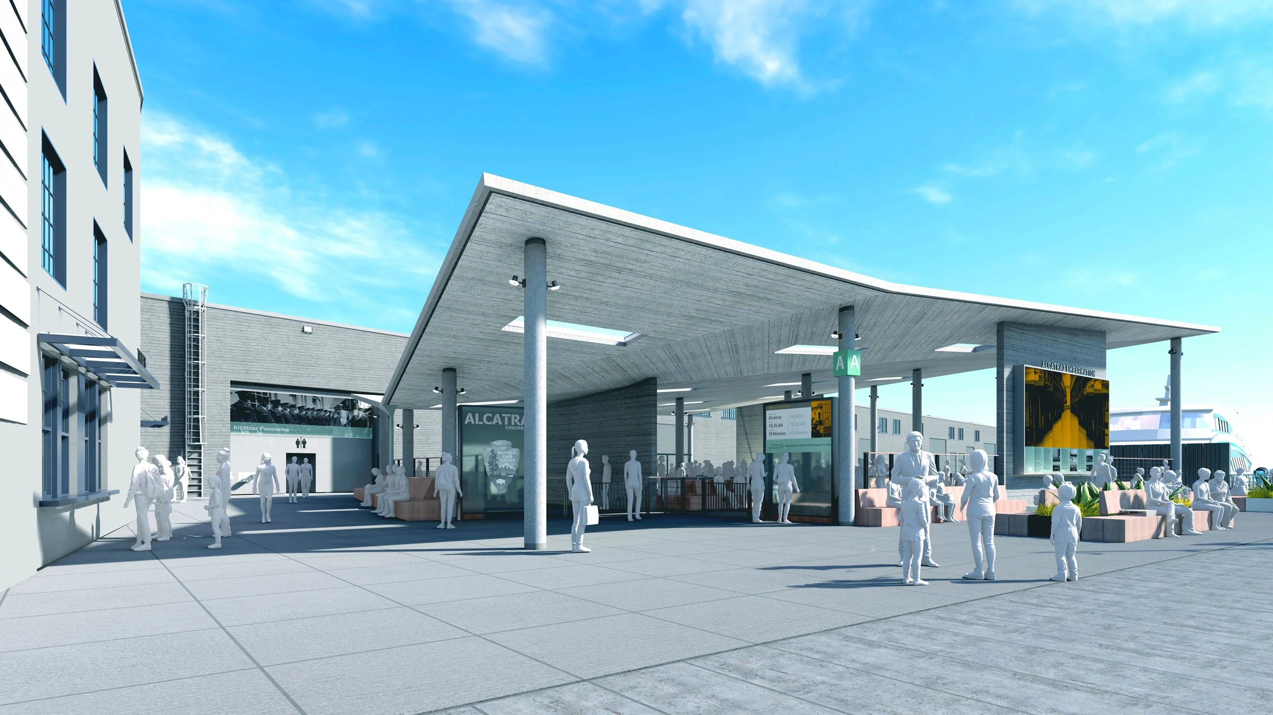 Rendering of a modern ferry terminal with a roofed waiting area, people waiting and walking, digital displays, and a boat docked nearby under a blue sky.