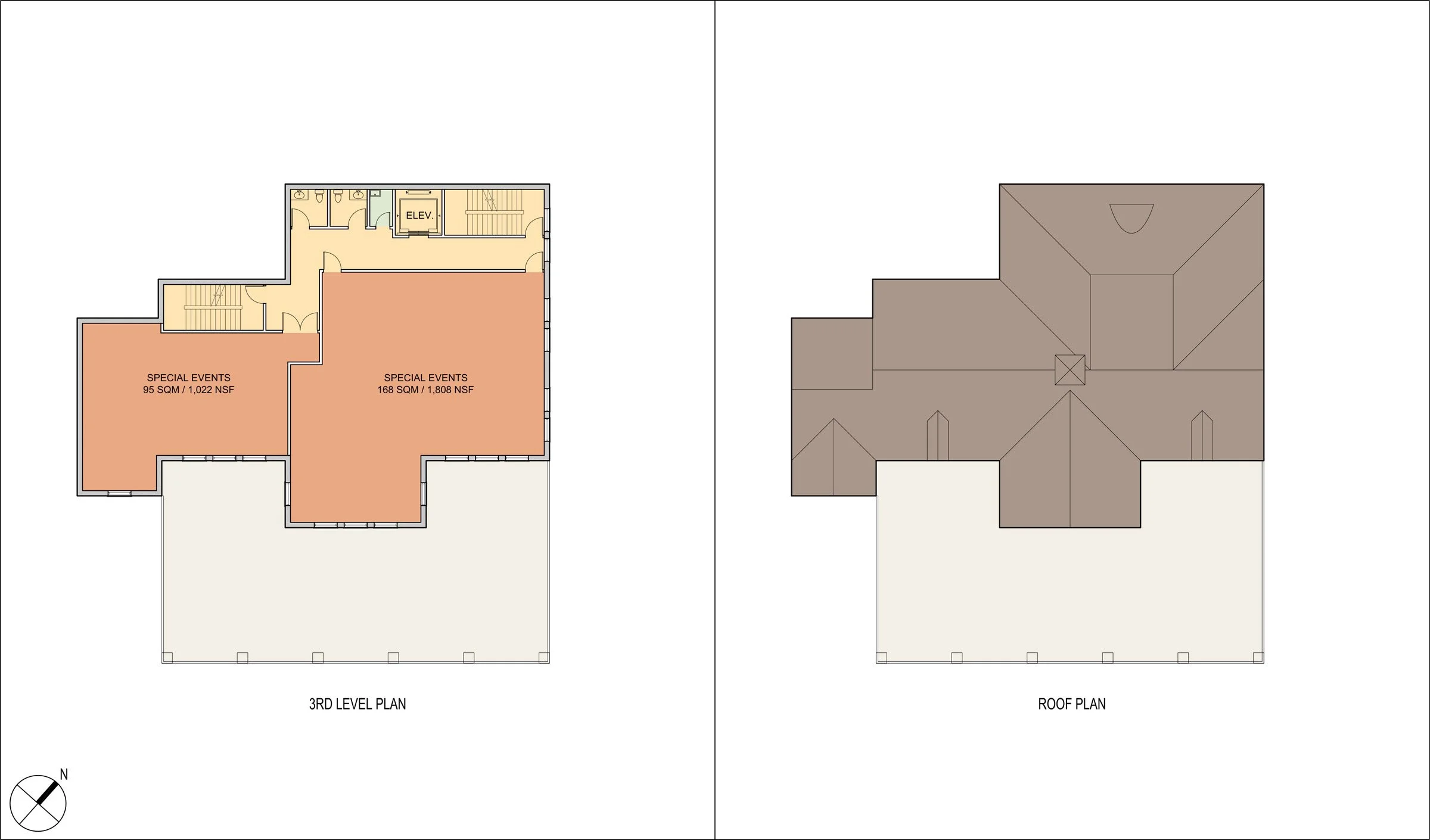 Floor plan with two sections: on the left, third level plan showing two large rooms labeled 'Special Events' with their sizes in square meters and NSF; on the right, roof plan of a building with multiple roof sections and a small indicated skylight o