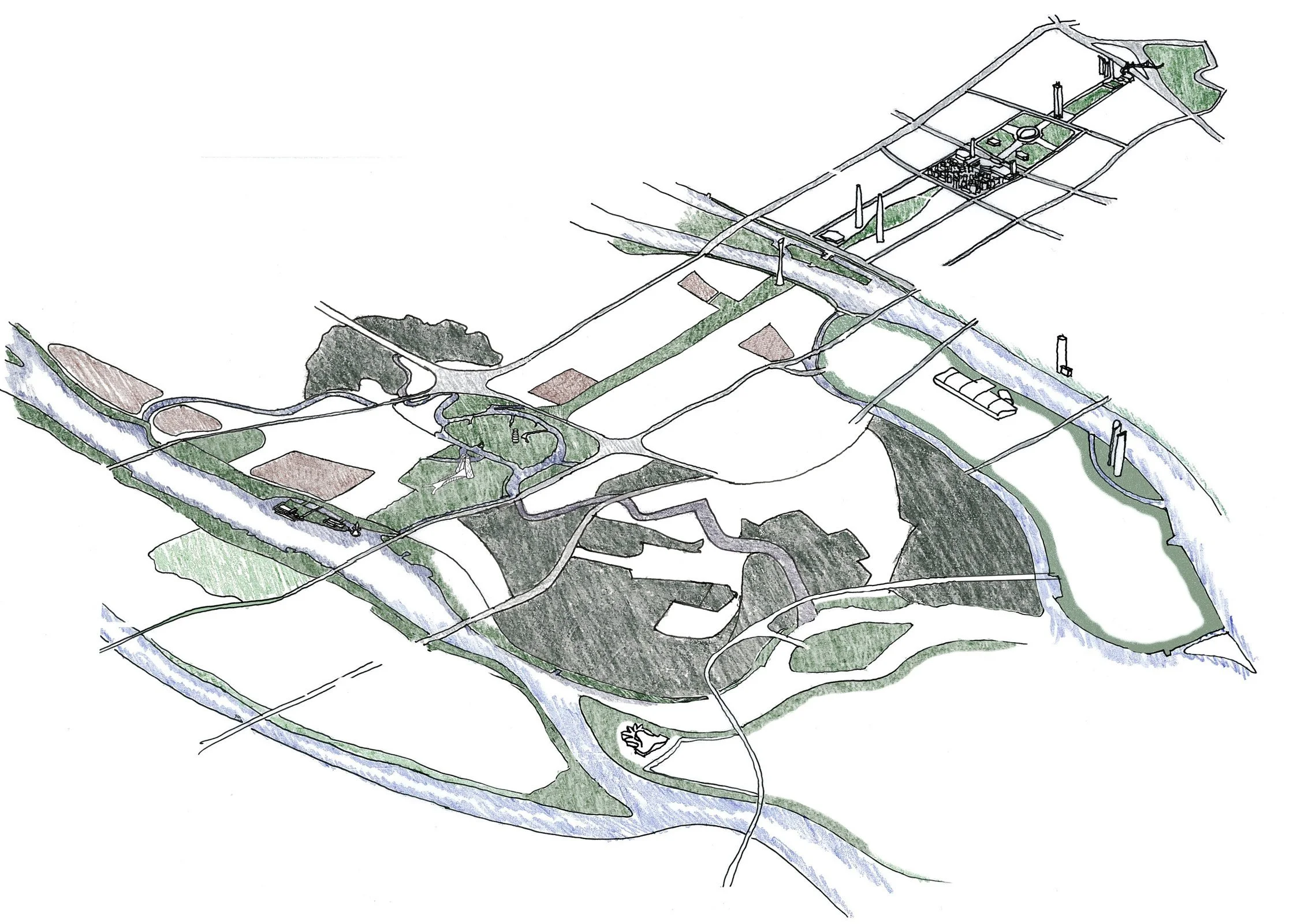 A detailed illustrated map of a regional park with rivers, green spaces, pathways, and various facilities including an industrial area, parking lot, and natural landscapes.