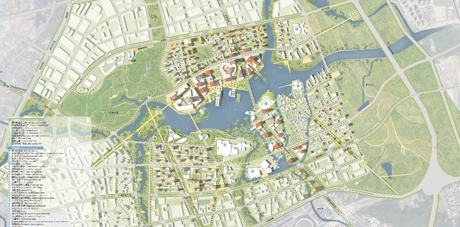 A city map highlighting various parks, water bodies, roads, and buildings with labels and symbols indicating landmarks and facilities.