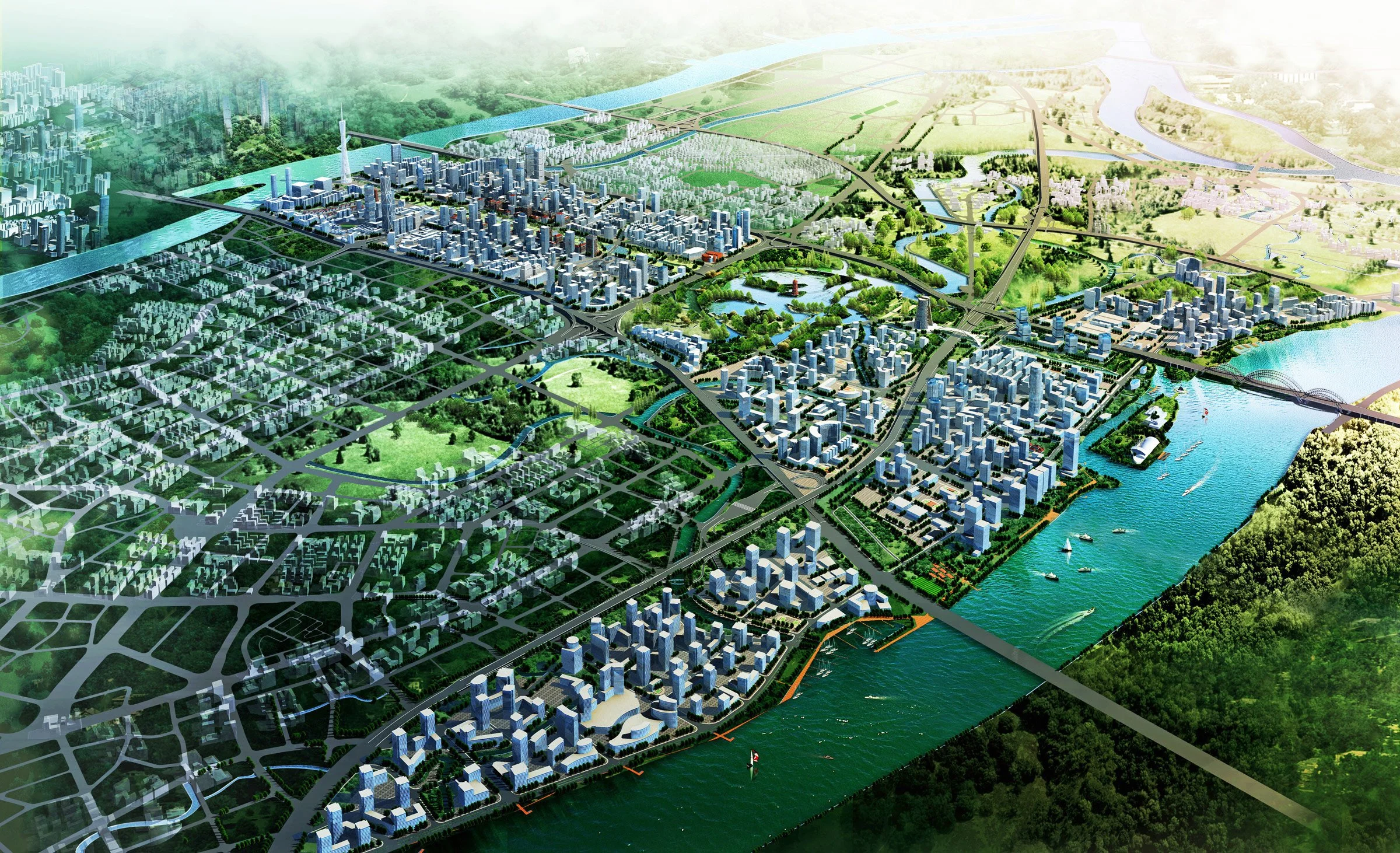 A detailed cityscape with numerous high-rise buildings, green parks, waterways, and bridges in a planned urban area.