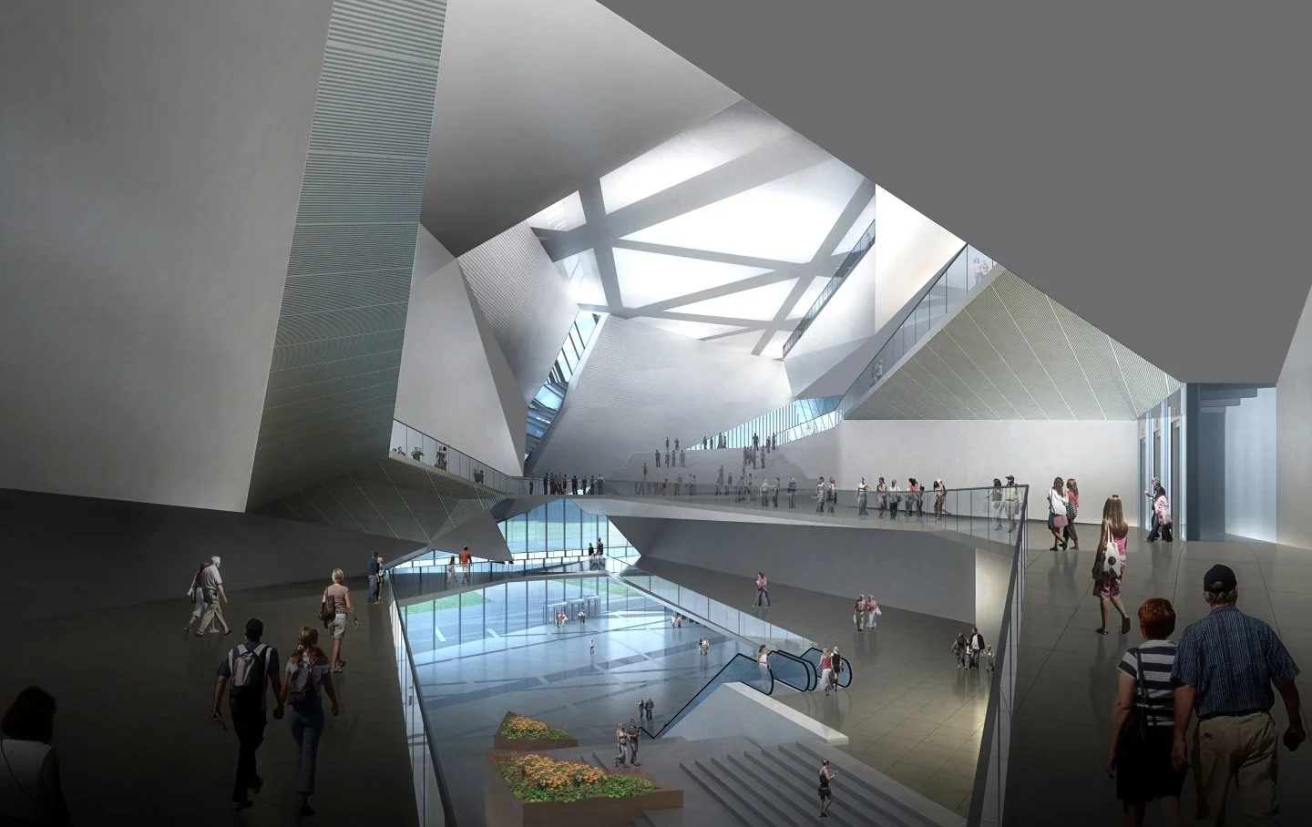 Interior of a modern multi-level building with large open spaces, geometric architectural design, escalators, and many people walking and gathering.