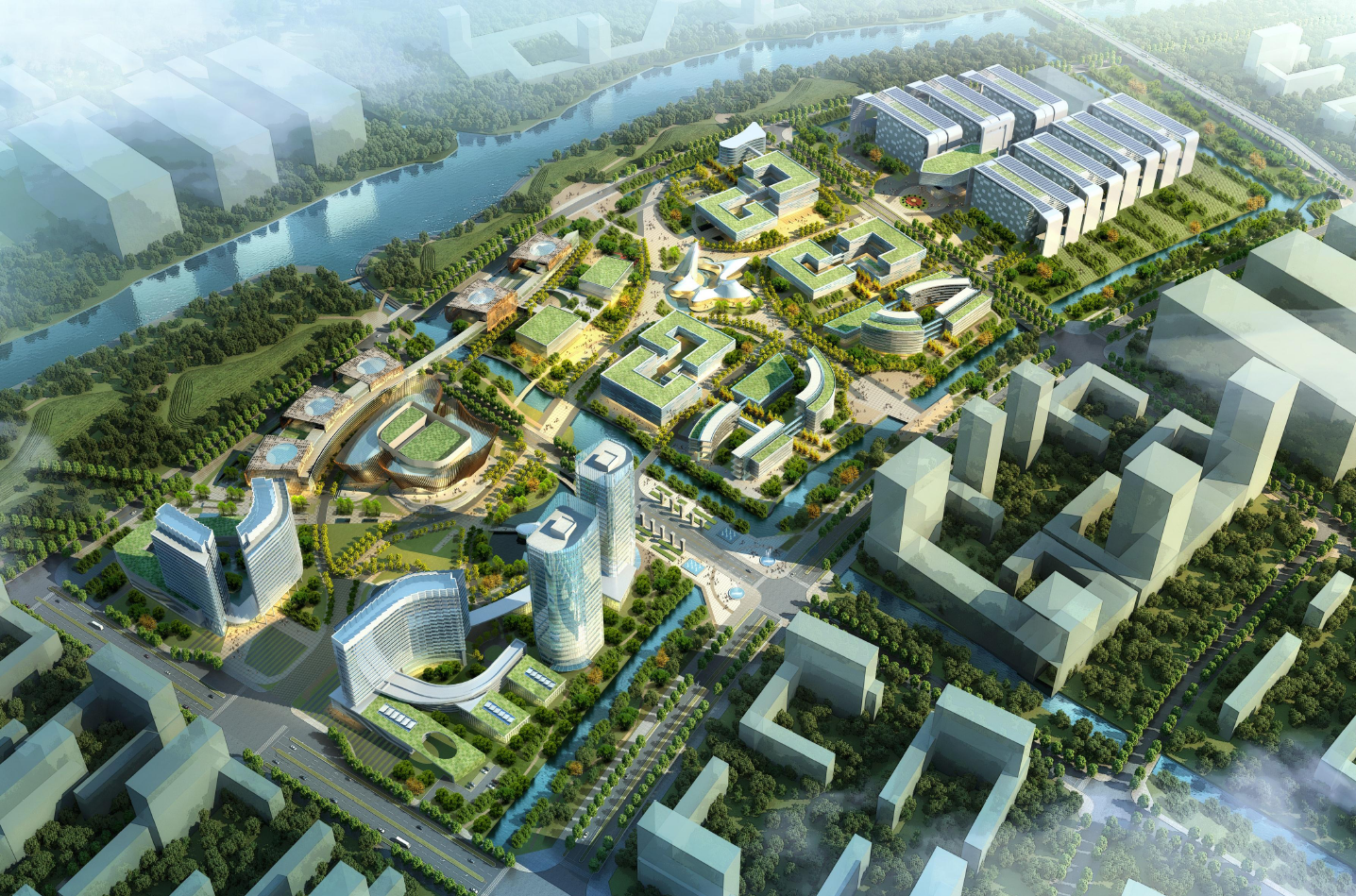 Aerial view of a modern urban development featuring office buildings, green parks, water bodies, and tree-lined streets.