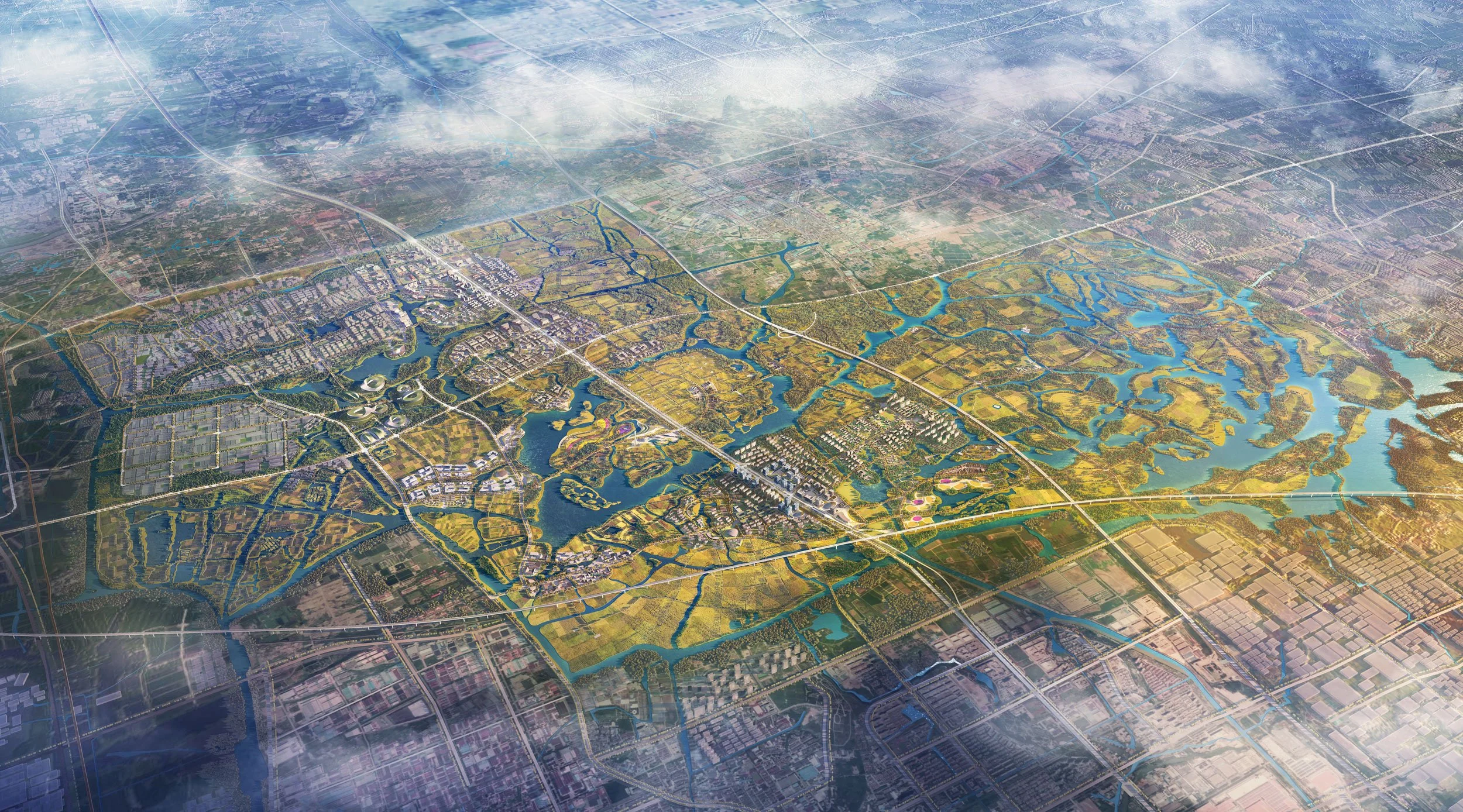 Aerial view of a city with a mix of water bodies, parks, and urban areas, overlaid with digital lines and graphics.