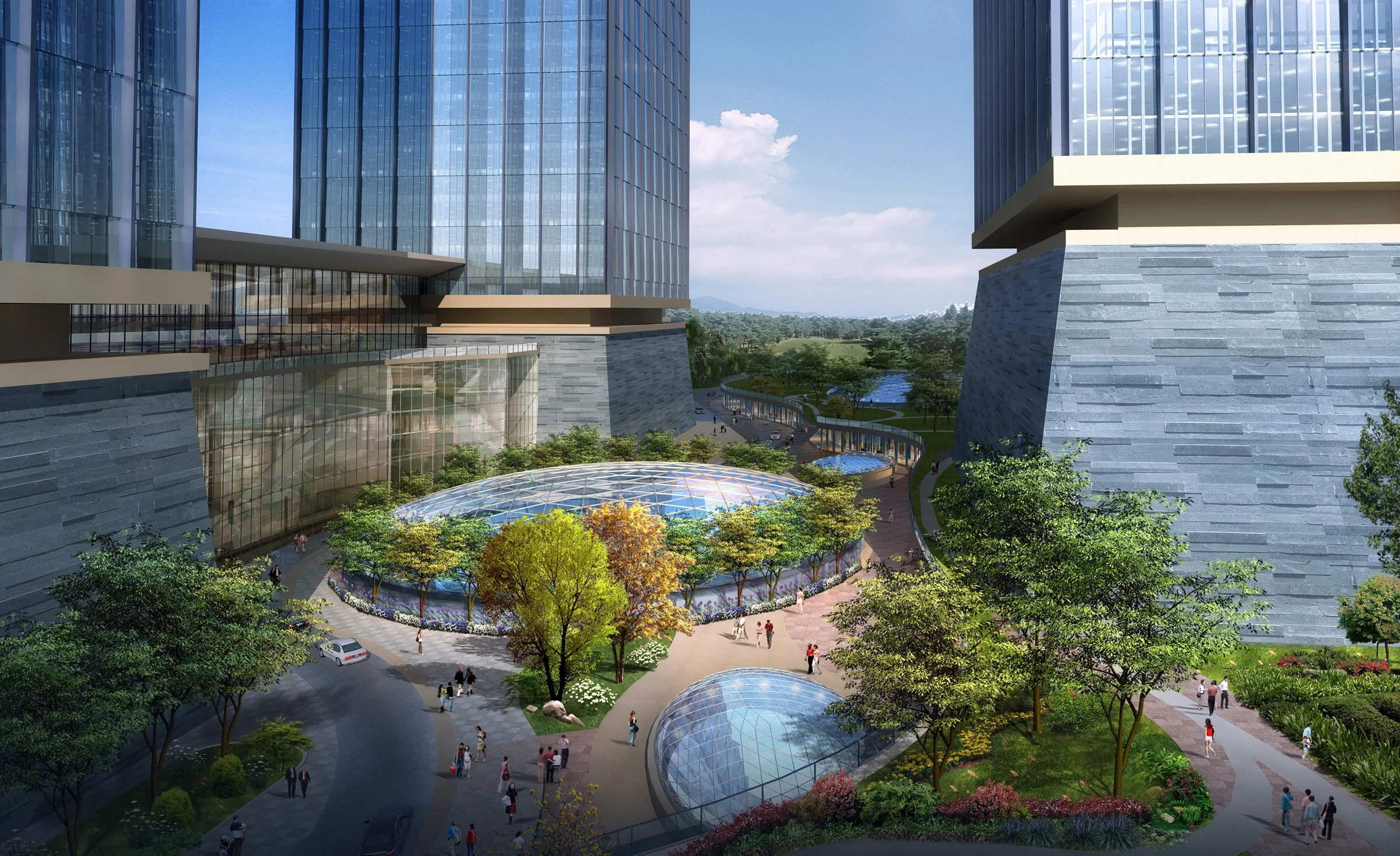 Futuristic cityscape with tall glass buildings, colorful trees, glass domes, and a plaza with people walking.