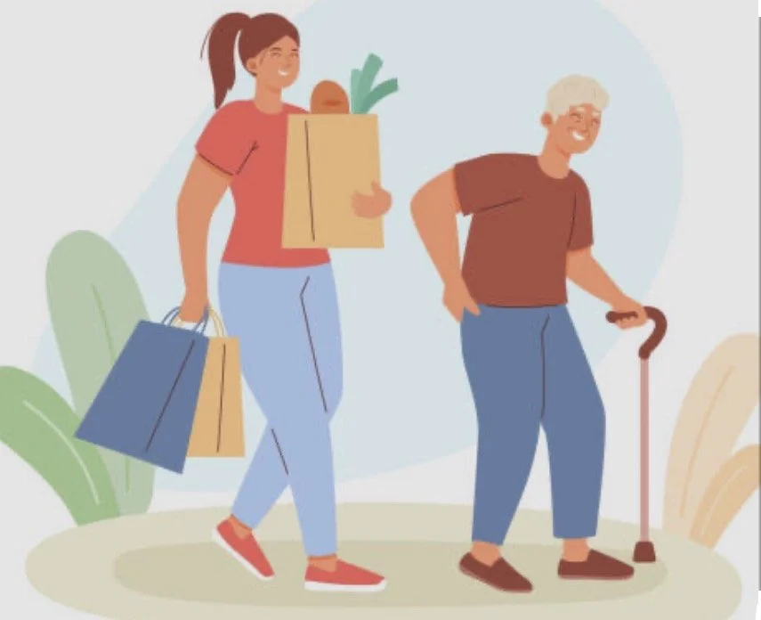 Illustration of a woman and an elderly man walking outdoors, carrying shopping bags and a paper grocery bag with produce, with the woman smiling and the man using a cane.